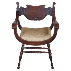 Antique Victorian Revival Stomps Burkhardt Mahogany Curule Saddle Seat Armchair