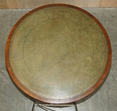 Ancienne table à tambour tournante victorienne tournante, effet cage à oiseaux, plateau en cuir vert