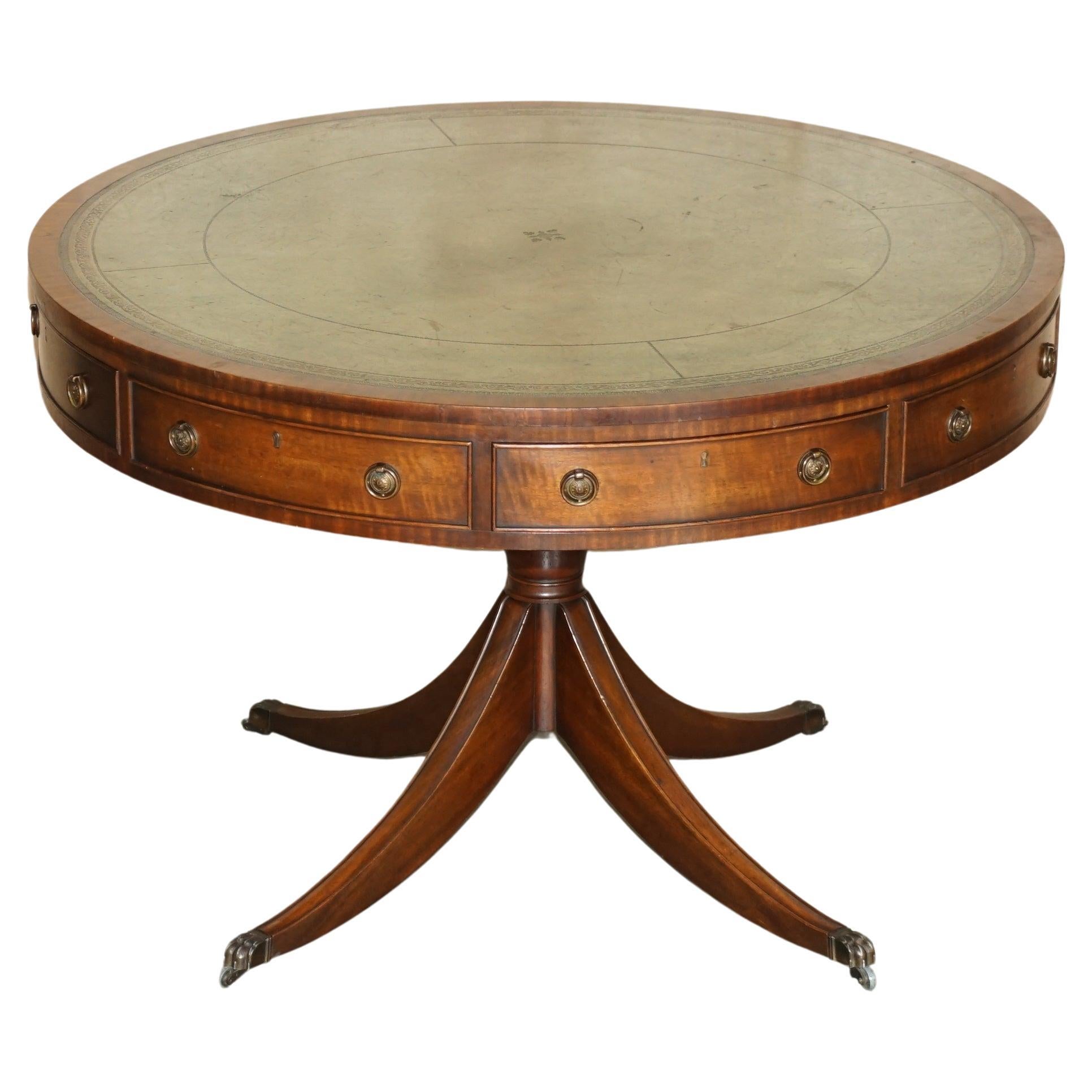 Antique Victorian Revolving Rent Drum Table Birdcage Mechanism Green Leather Top