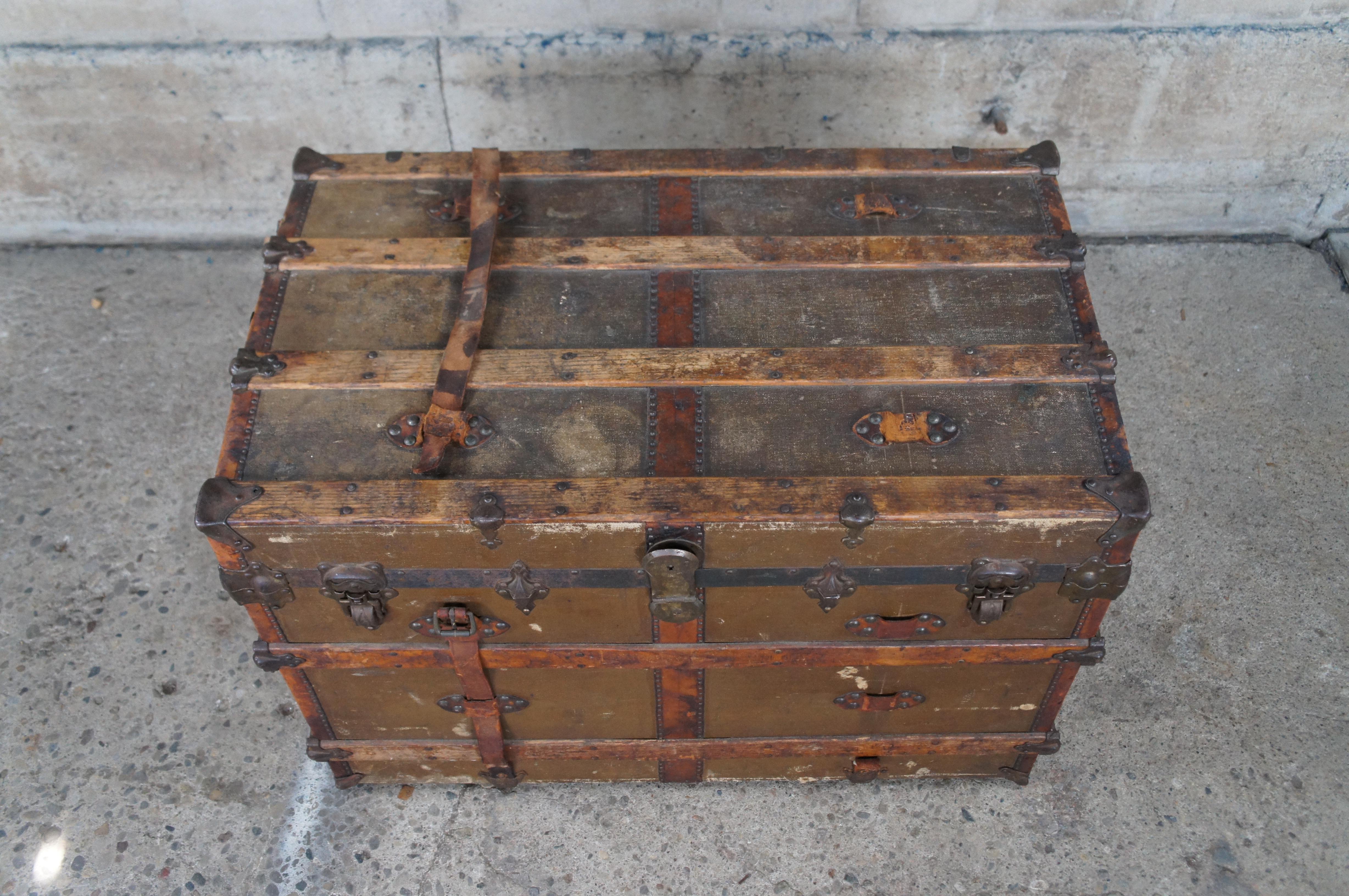 19th Century Antique Victorian R&H Modern Canvas Wood & Leather Steamer Trunk Coffee Table