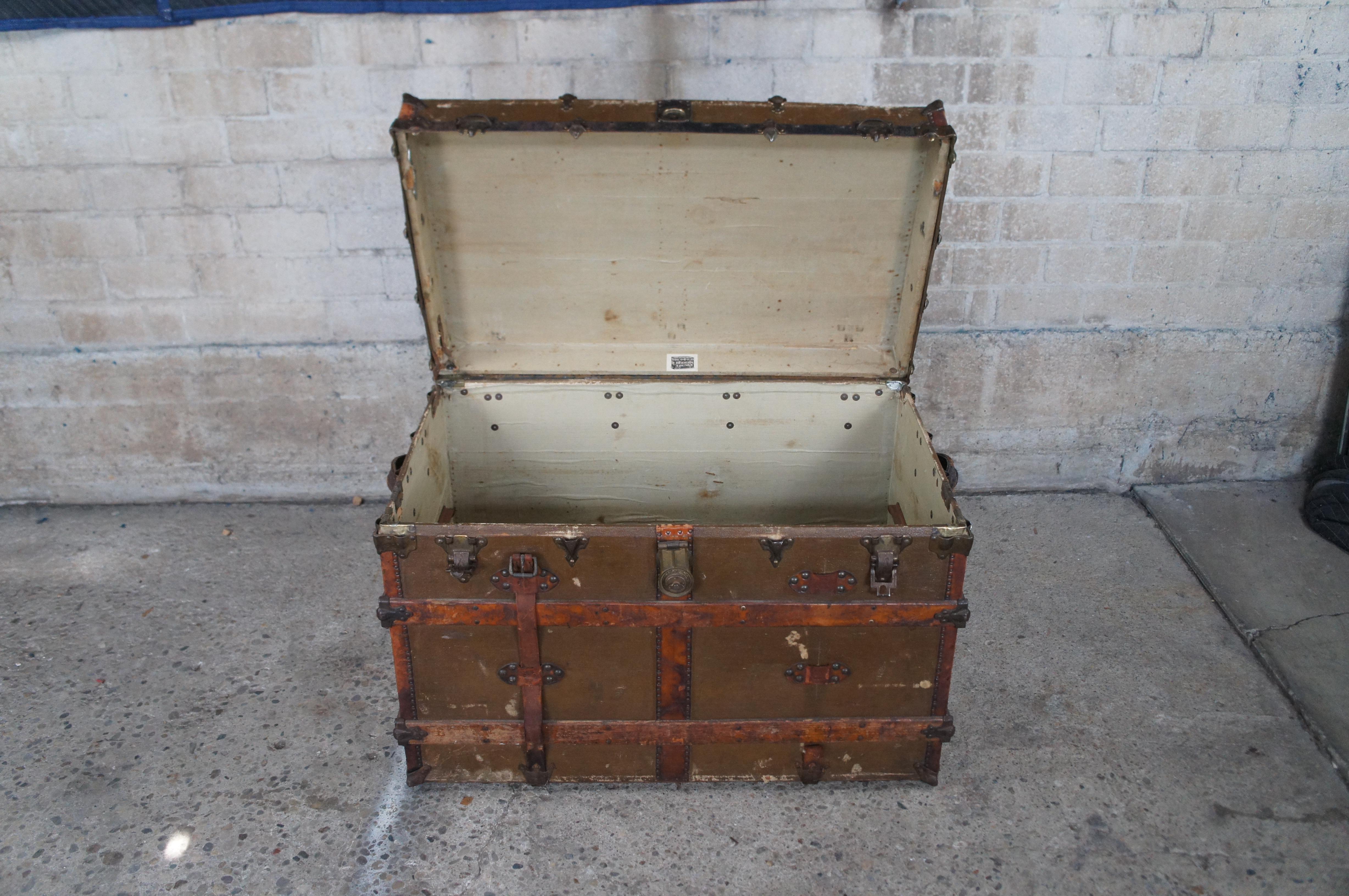 Antique Victorian R&H Modern Canvas Wood & Leather Steamer Trunk Coffee Table 1