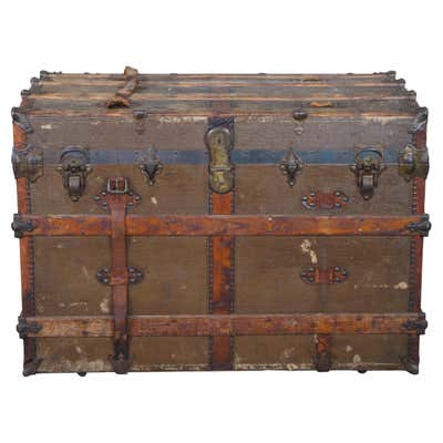 Large Antique Victorian Oak Banded Embossed Leather Dome Top Steamer ...