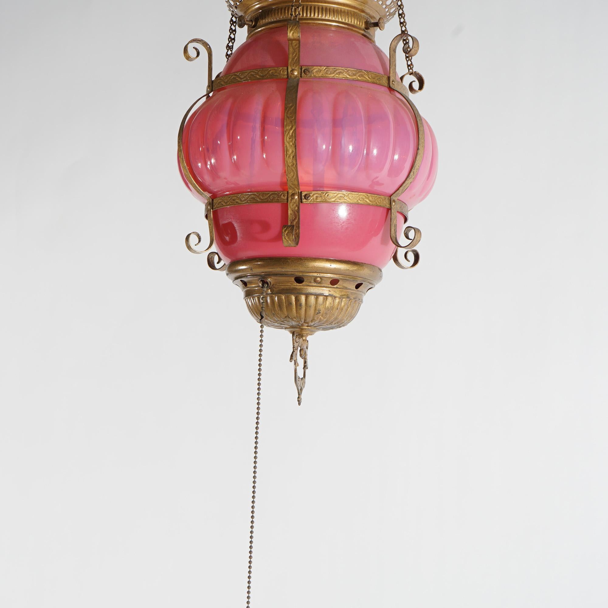 American Antique Victorian Ribbed Cranberry Opalescent Glass & Brass Pendant Hall Light  For Sale