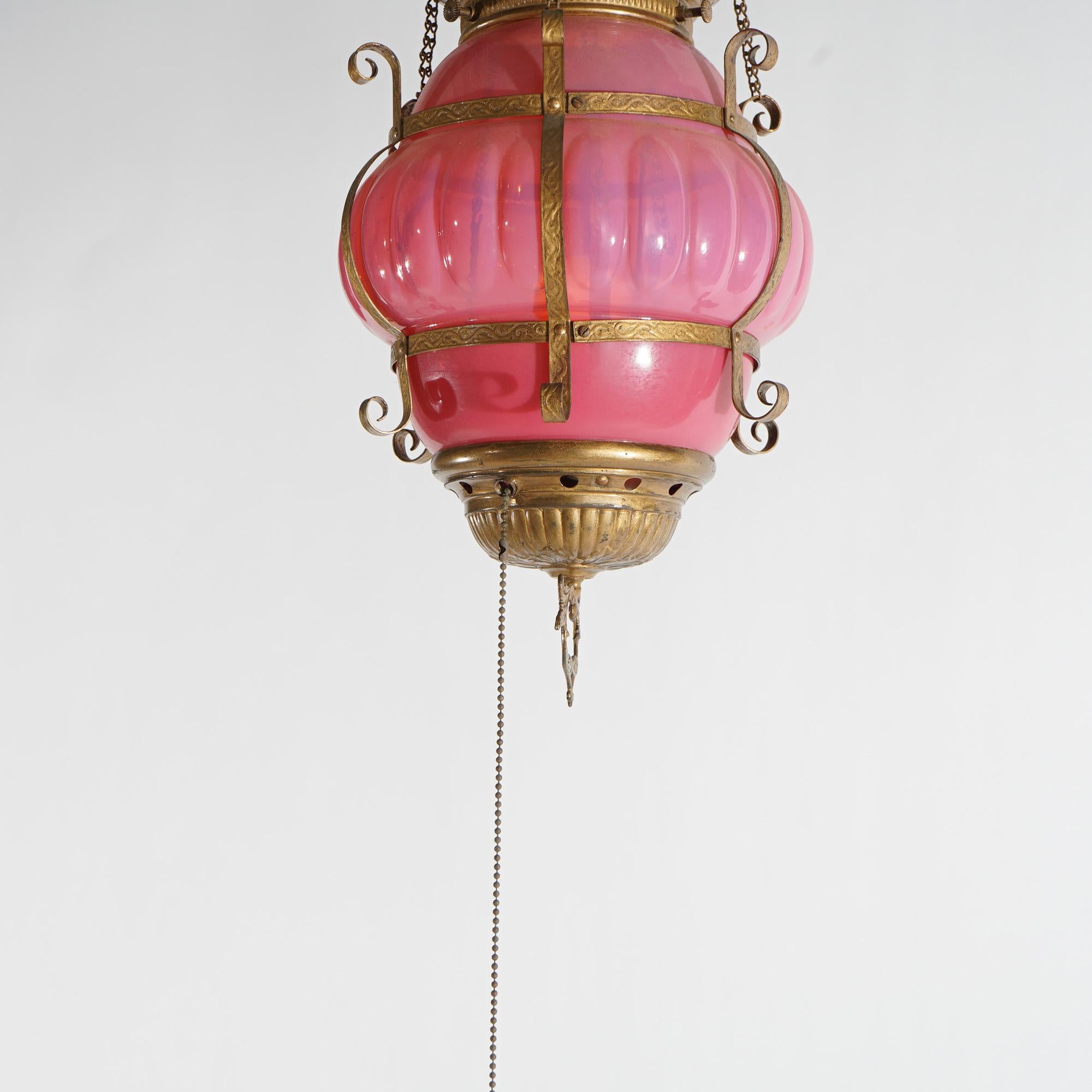 Antique Victorian Ribbed Cranberry Opalescent Glass & Brass Pendant Hall Light  In Good Condition For Sale In Big Flats, NY