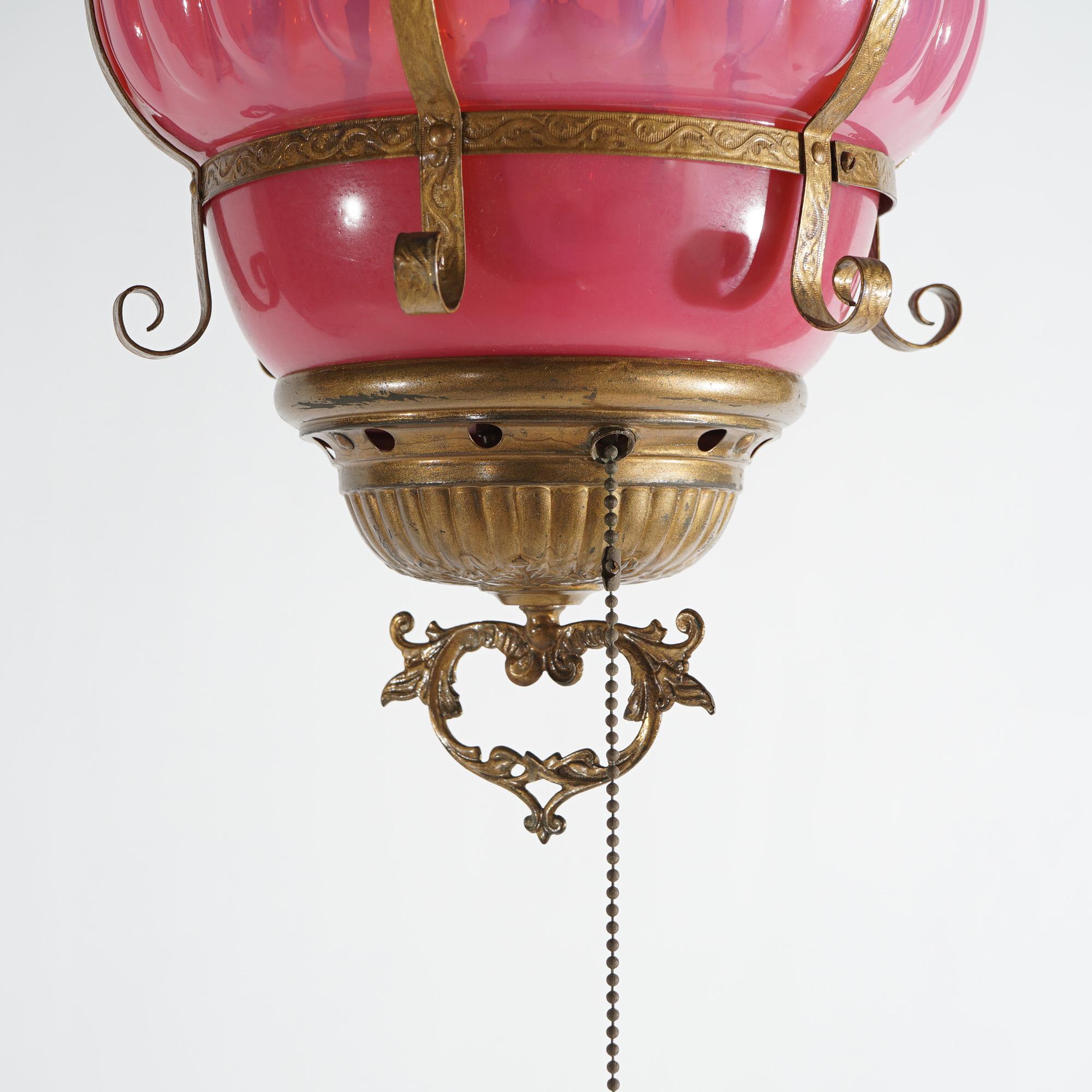 19th Century Antique Victorian Ribbed Cranberry Opalescent Glass & Brass Pendant Hall Light  For Sale