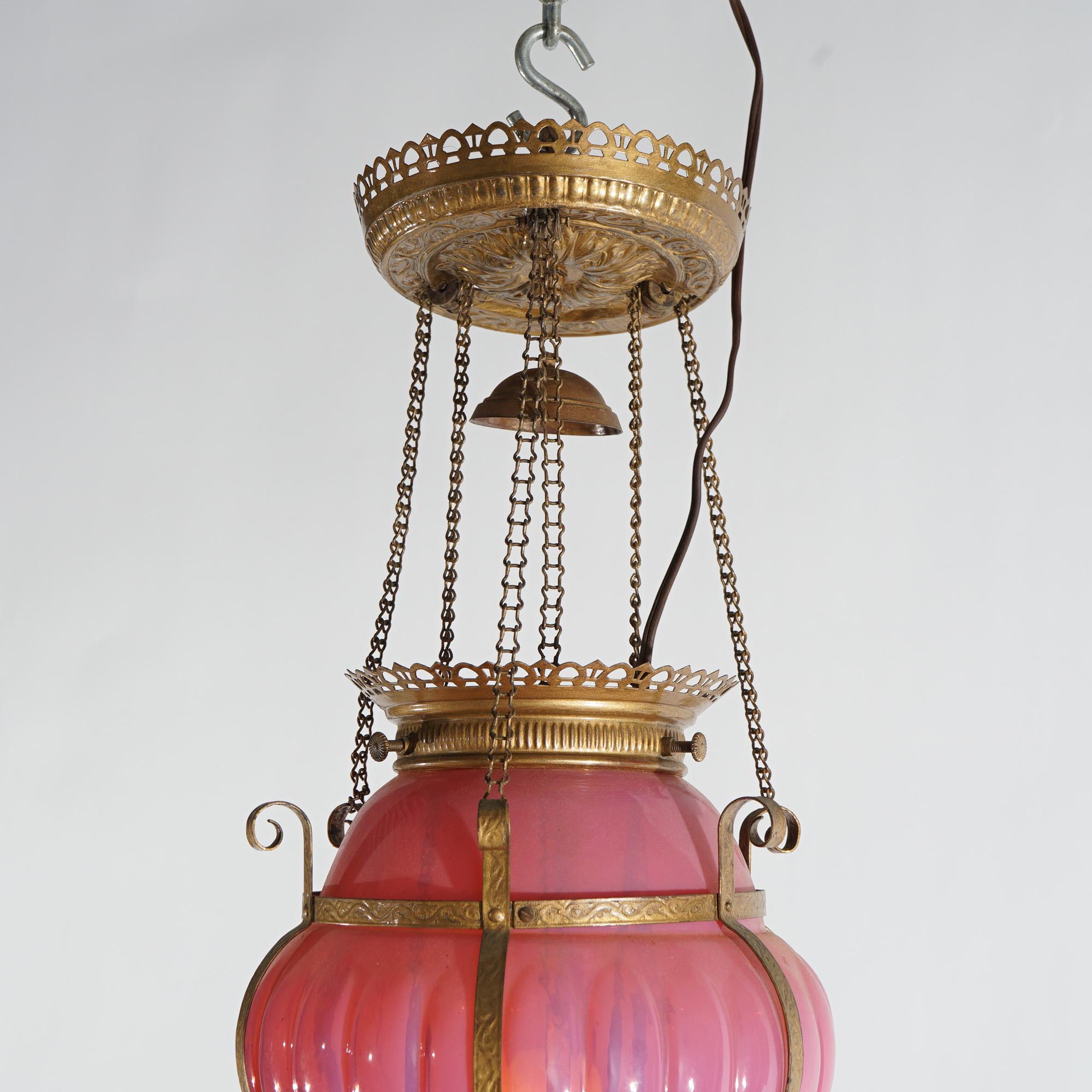 Antique Victorian Ribbed Cranberry Opalescent Glass & Brass Pendant Hall Light  For Sale 1