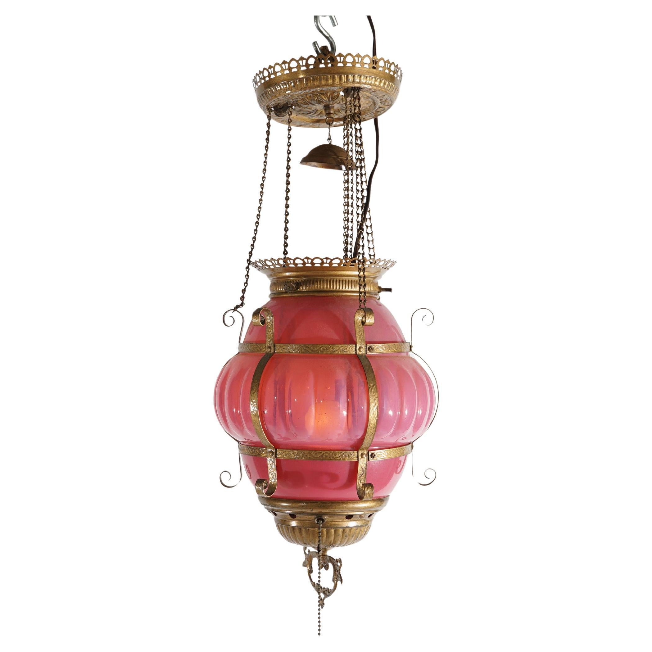 Antique Victorian Ribbed Cranberry Opalescent Glass & Brass Pendant Hall Light 