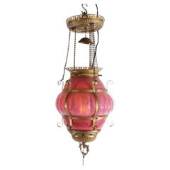 Antique Victorien Ribbed Cranberry Opalescent Glass & Brass Pendant Hall Light 