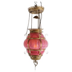 Antique Victorian Ribbed Cranberry Opalescent Glass & Brass Pendant Hall Light