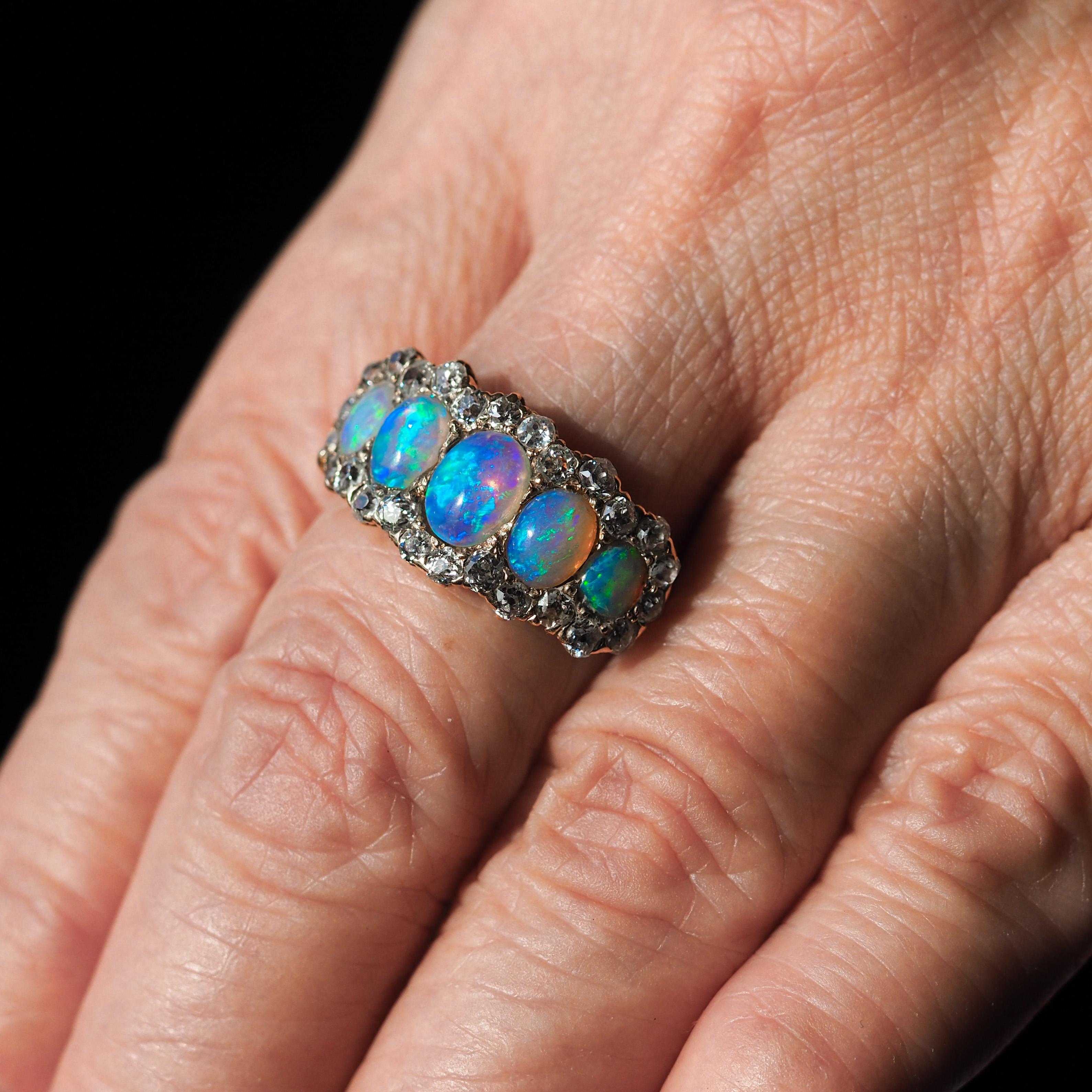 Bague victorienne ancienne à 5 pierres, opale et diamants en or 18 carats, c.1900 4