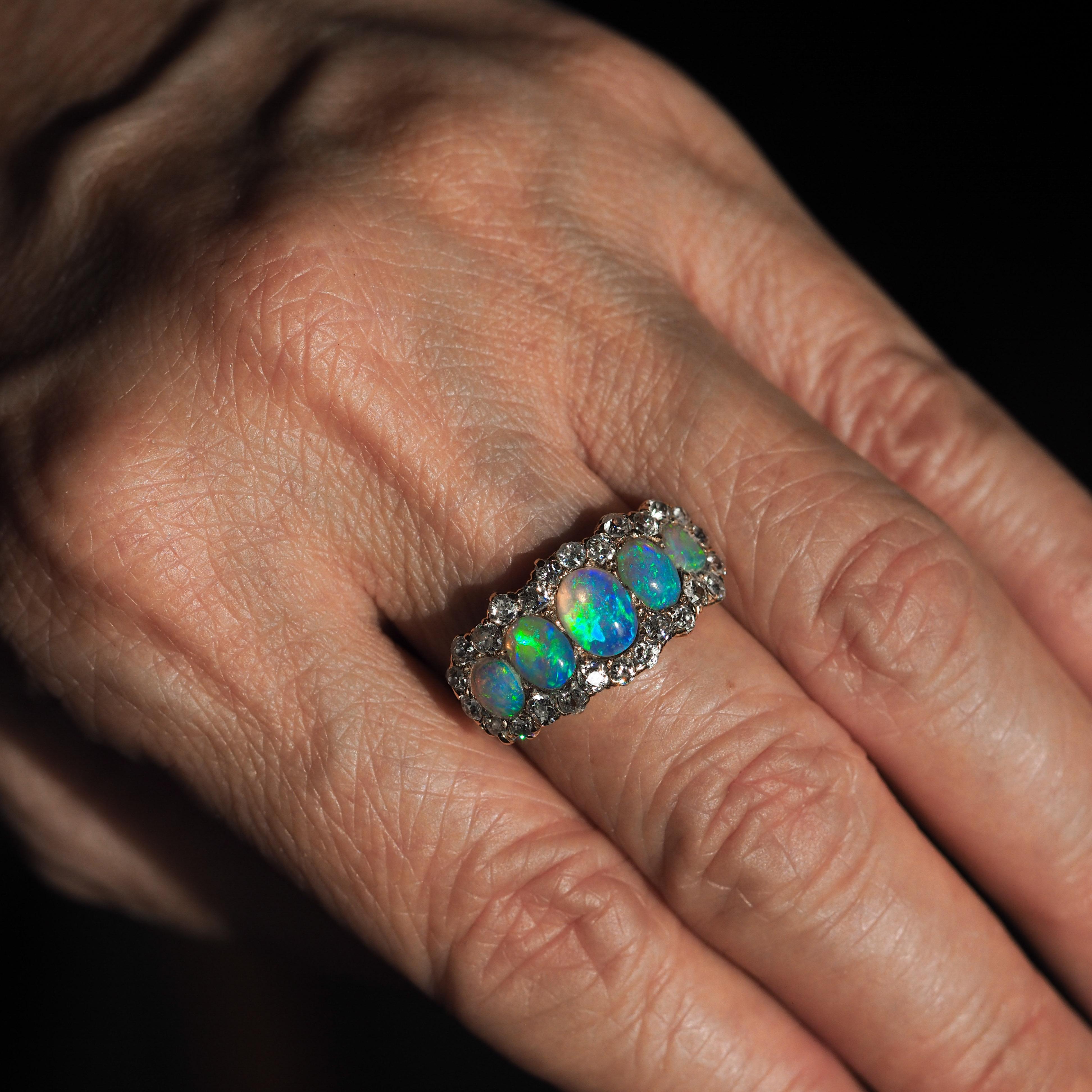 Bague victorienne ancienne à 5 pierres, opale et diamants en or 18 carats, c.1900 5