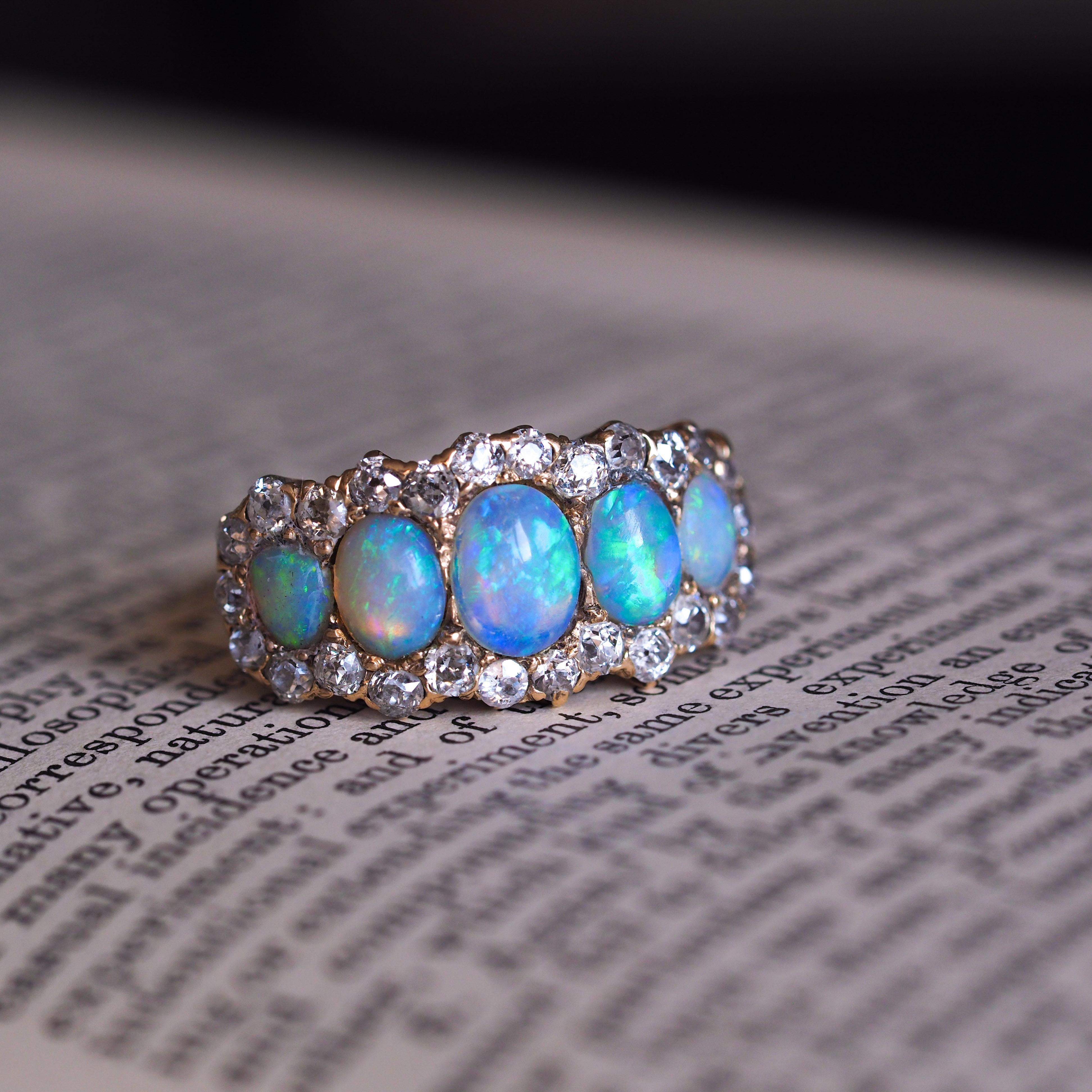 Bague victorienne ancienne à 5 pierres, opale et diamants en or 18 carats, c.1900 6