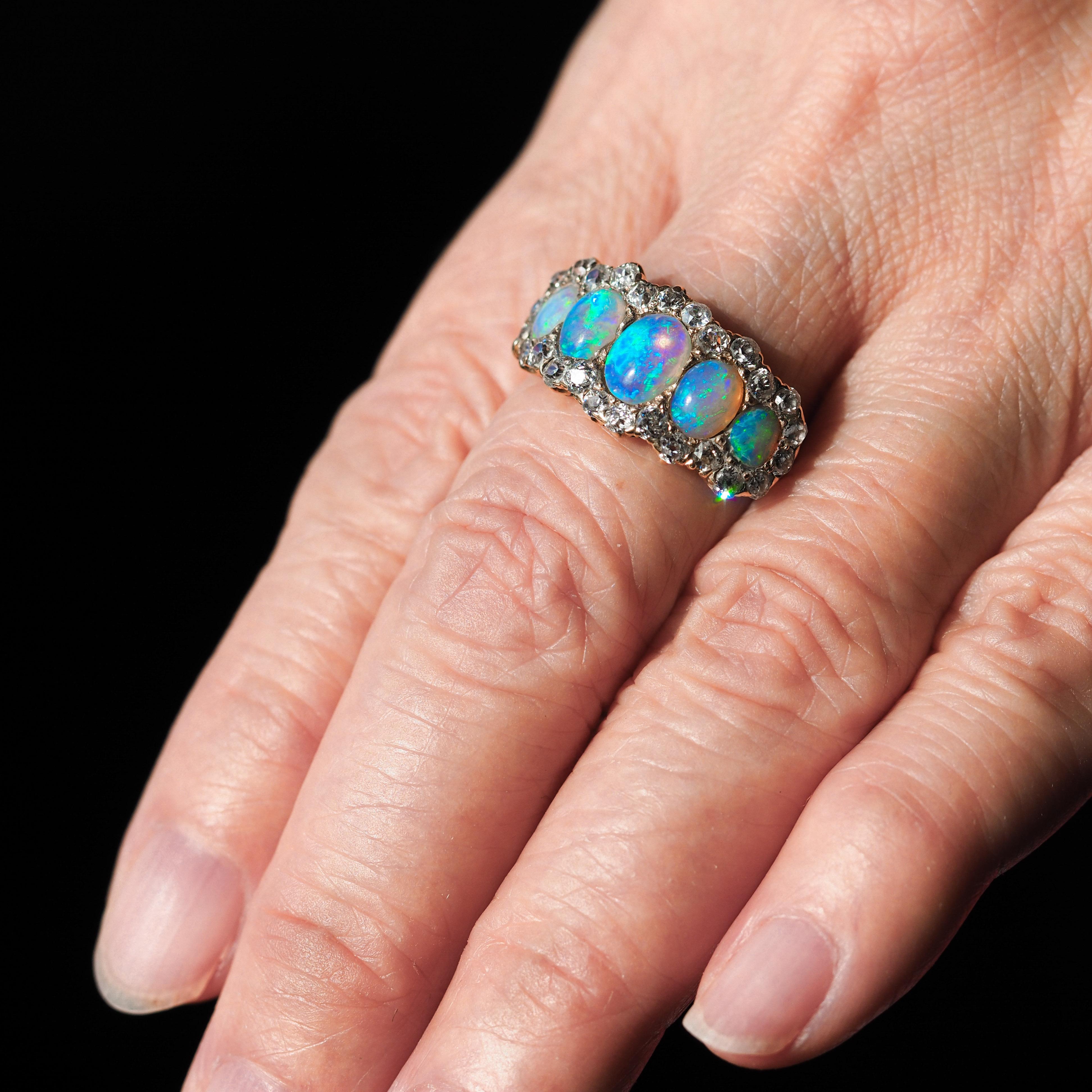 Bague victorienne ancienne à 5 pierres, opale et diamants en or 18 carats, c.1900 7
