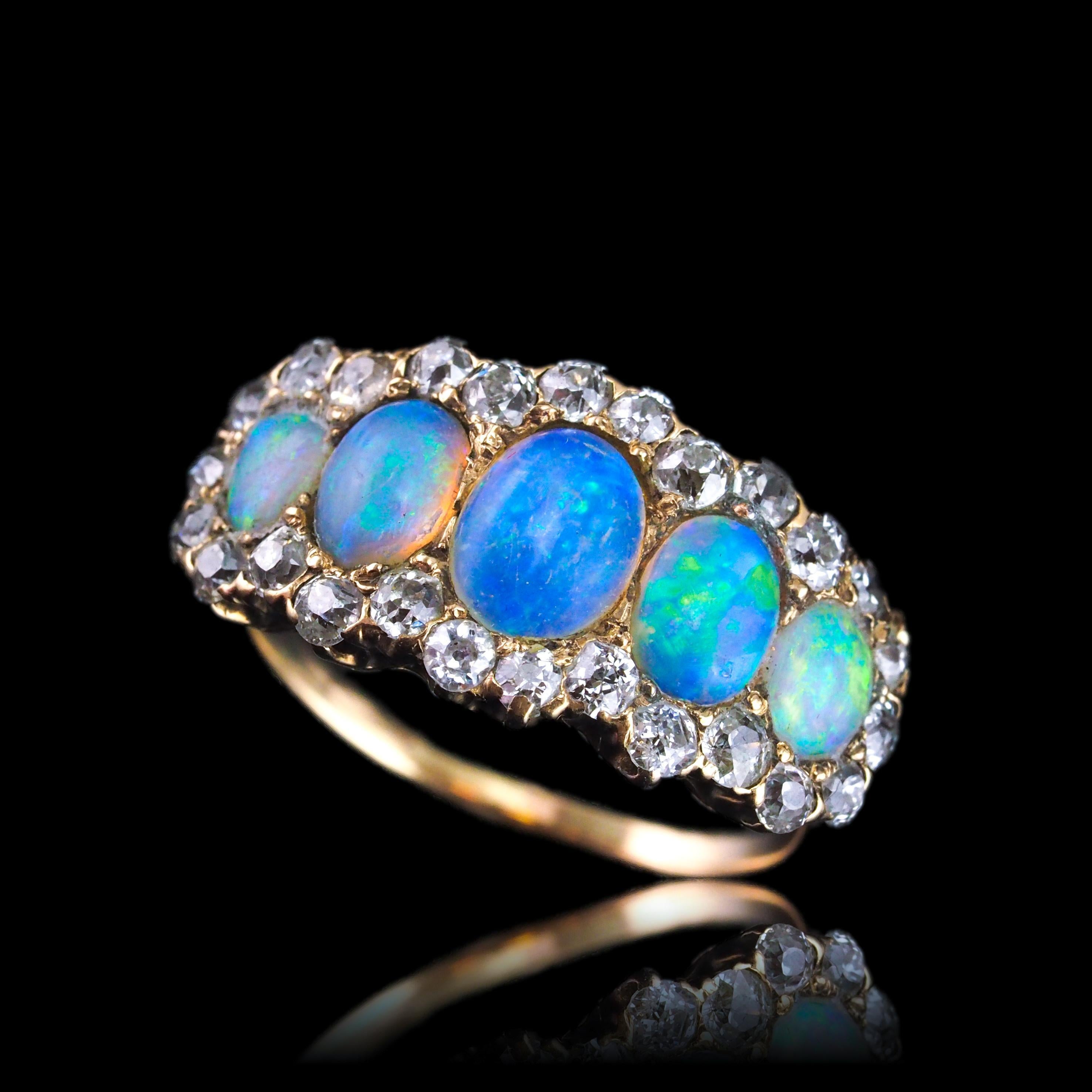 Bague victorienne ancienne à 5 pierres, opale et diamants en or 18 carats, c.1900 8