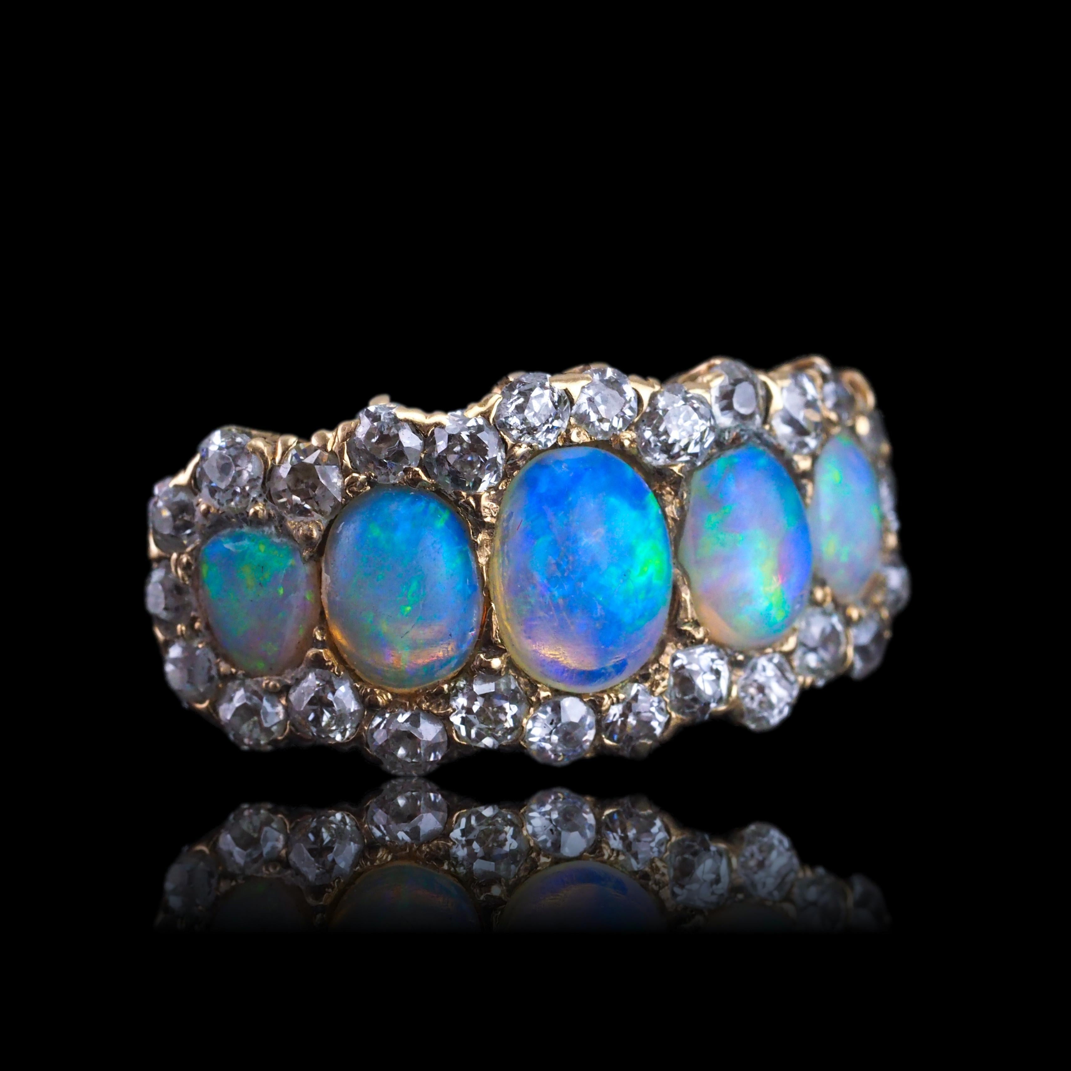 Bague victorienne ancienne à 5 pierres, opale et diamants en or 18 carats, c.1900 9