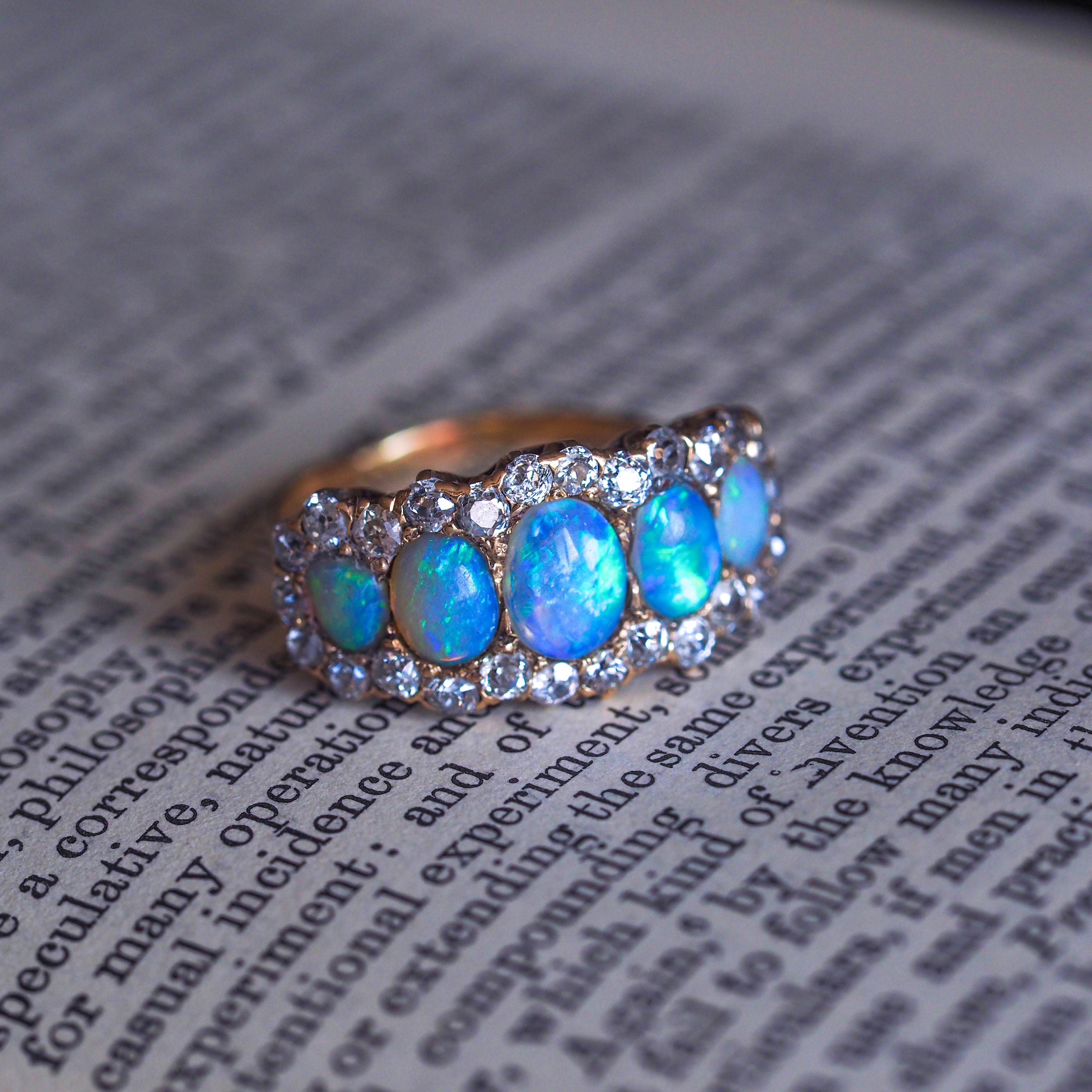  Bague victorienne ancienne à 5 pierres, opale et diamants en or 18 carats, c.1900 Pour femmes 