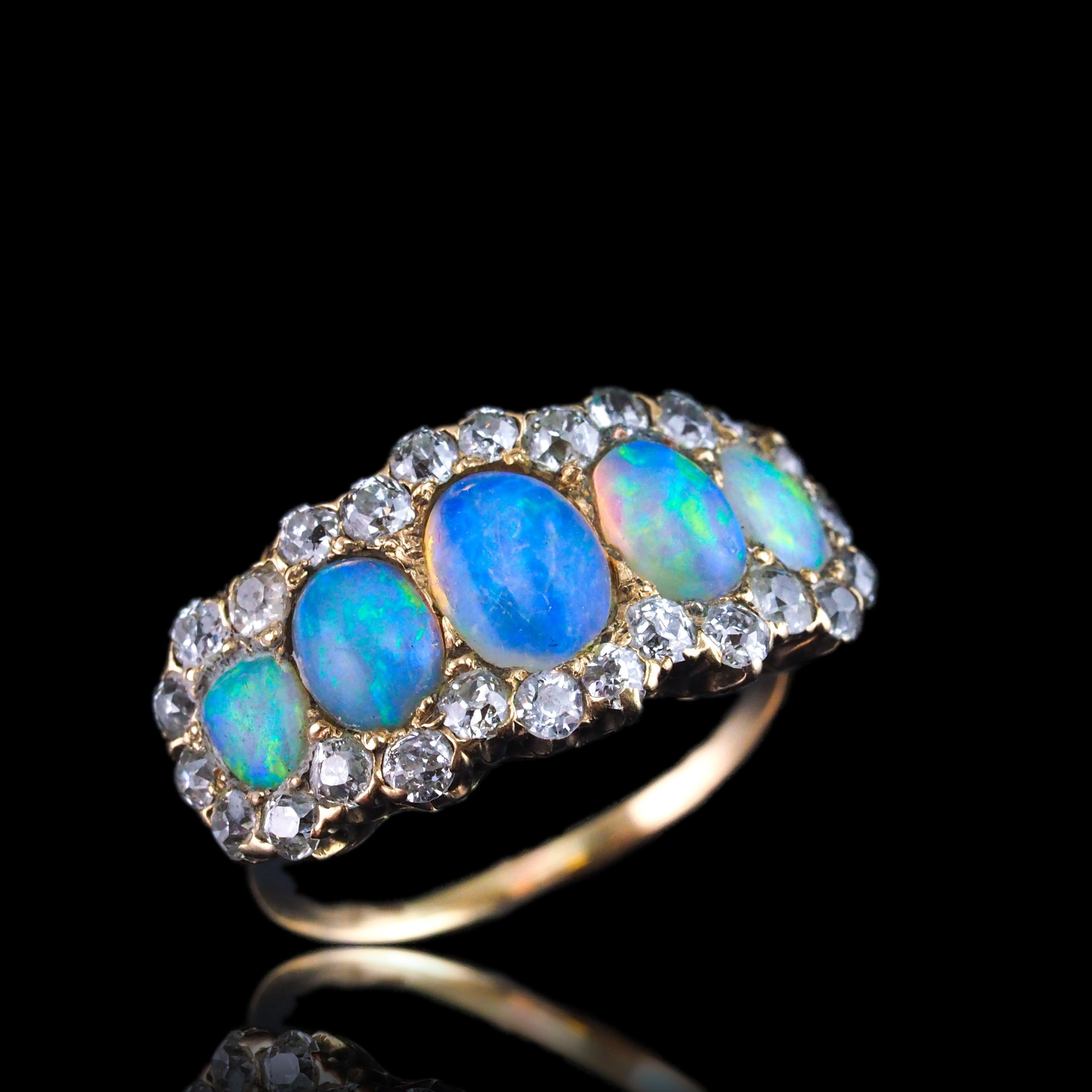 Bague victorienne ancienne à 5 pierres, opale et diamants en or 18 carats, c.1900 1