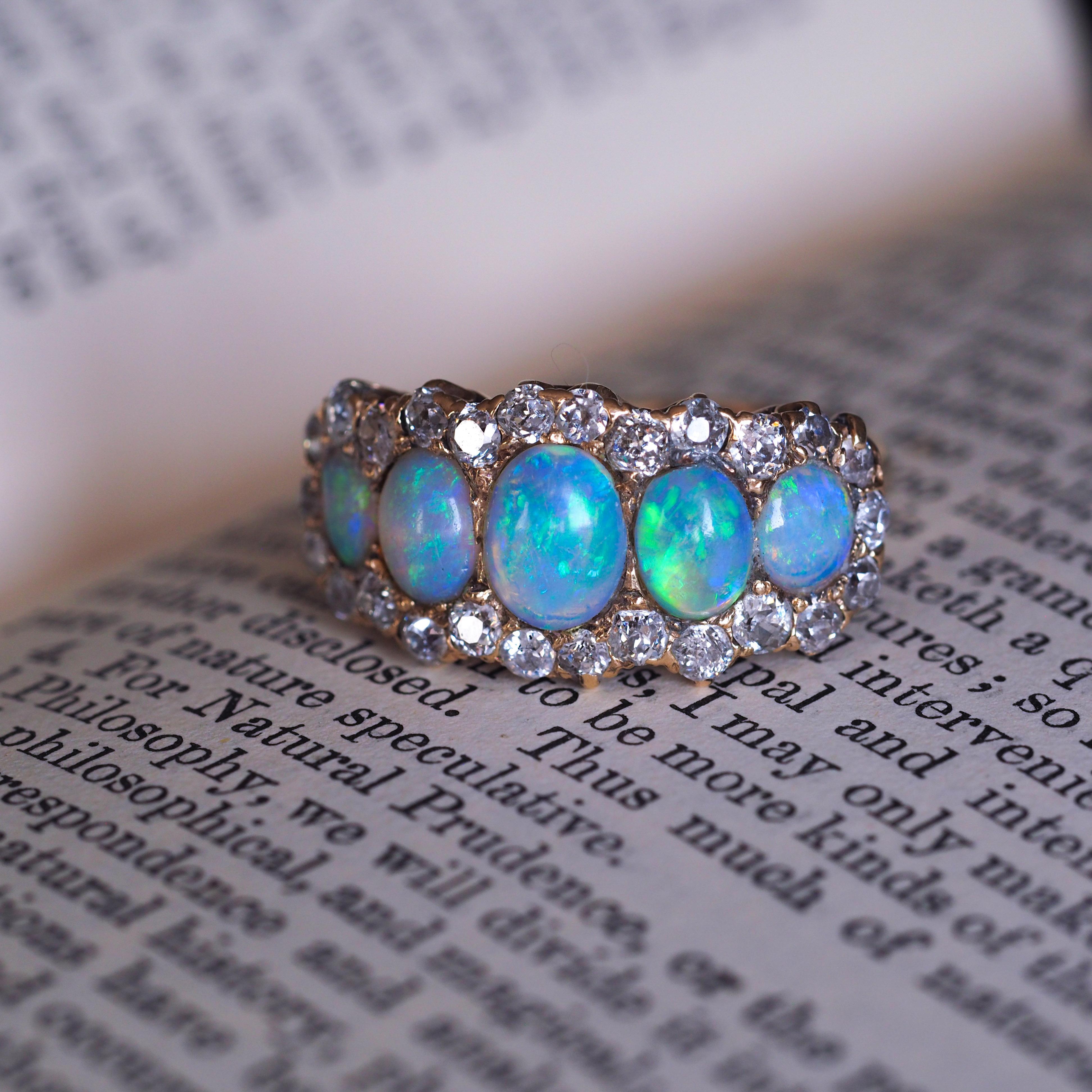 Bague victorienne ancienne à 5 pierres, opale et diamants en or 18 carats, c.1900 2