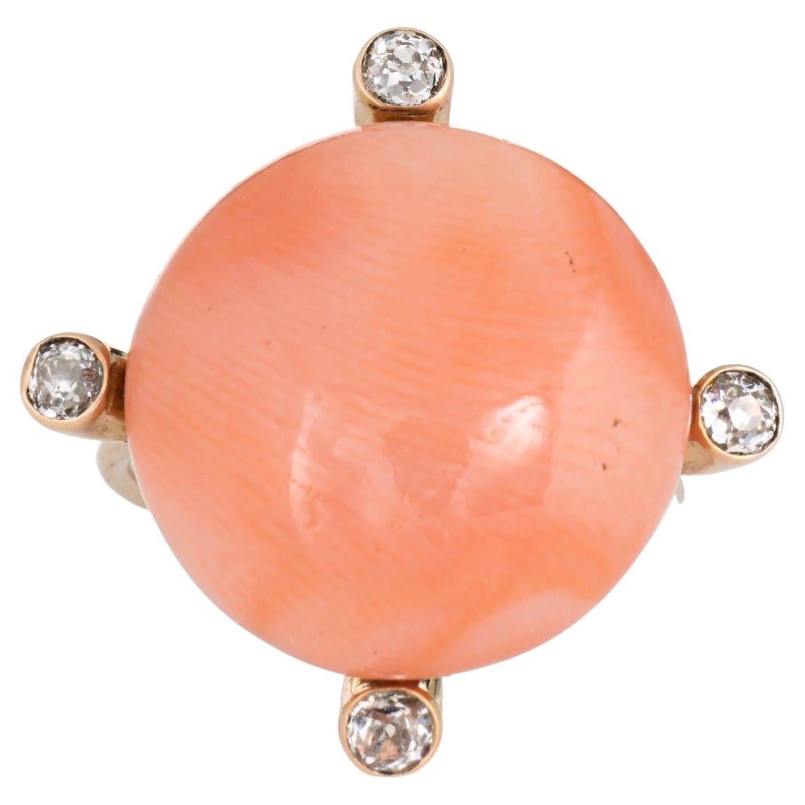 Antiker viktorianischer Ring Koralle Diamant 14k Gelbgold Conversion-Schmuck