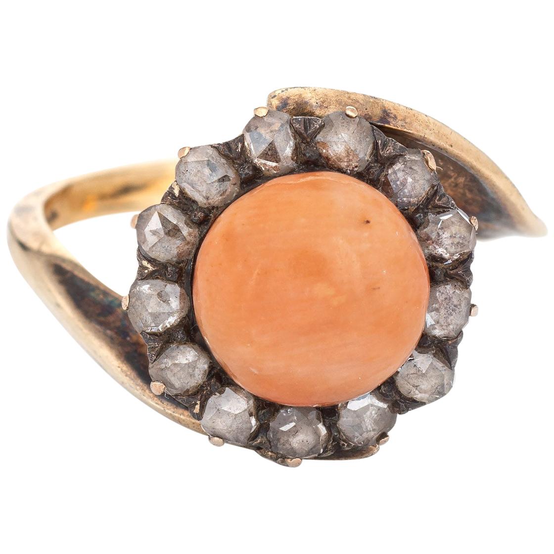 Antique Victorian Ring Coral Rose Cut Diamond 14 Karat Yellow Gold Jewelry For Sale