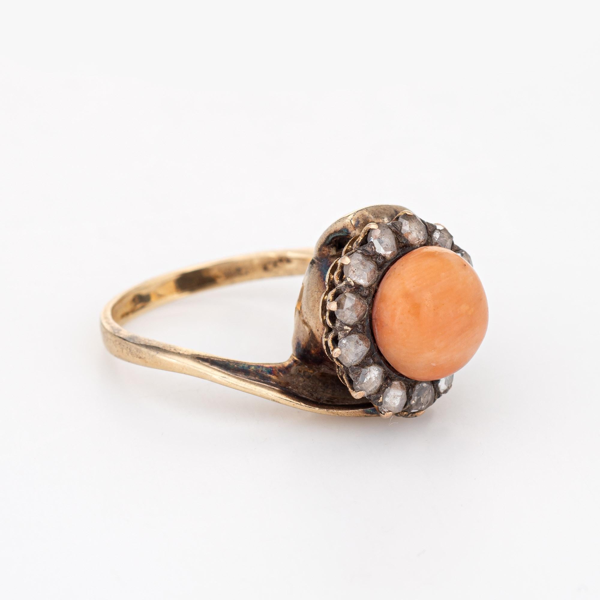 Antique Victorian Ring Coral Rose Cut Diamond 14 Karat Yellow Gold Jewelry In Good Condition For Sale In Torrance, CA