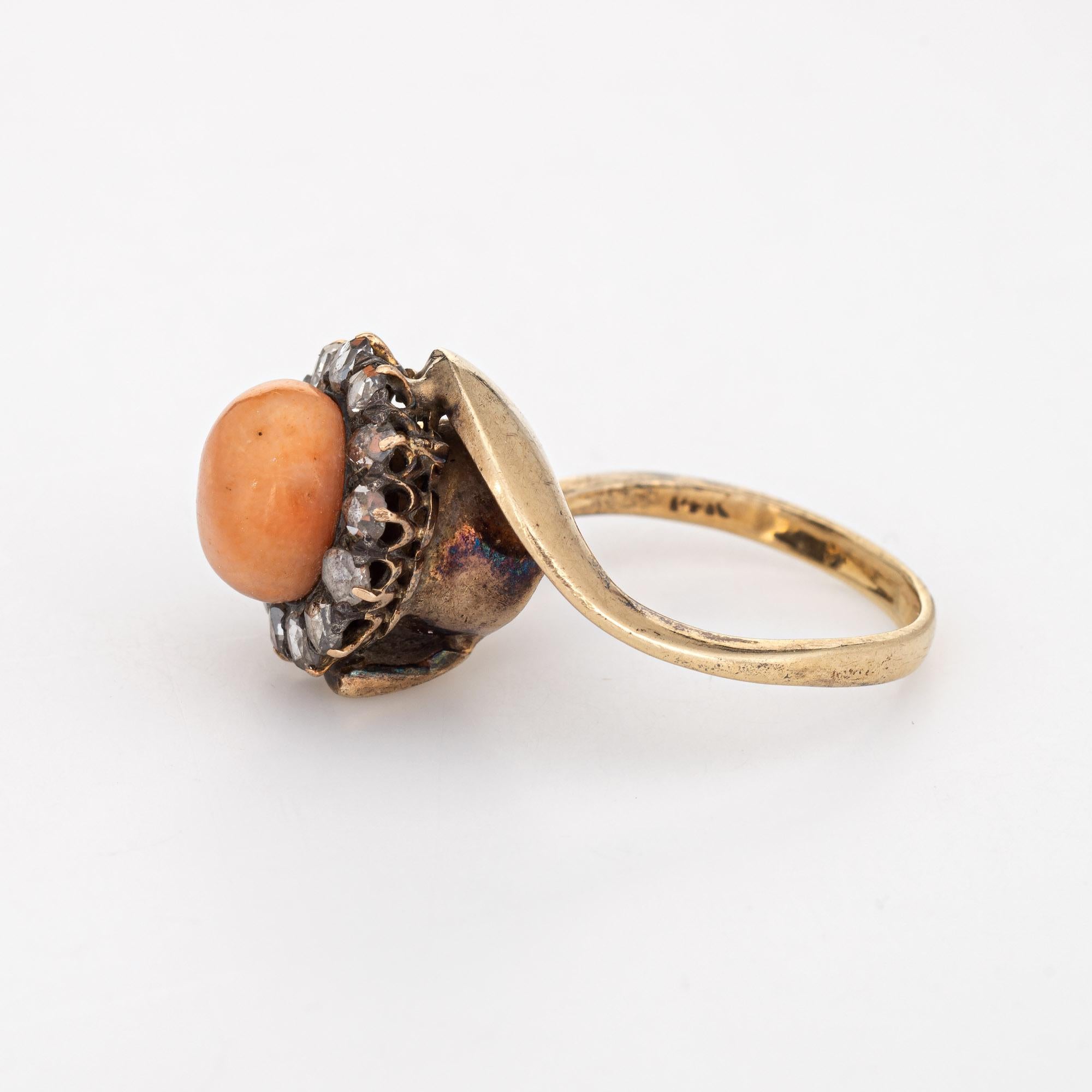 Women's Antique Victorian Ring Coral Rose Cut Diamond 14 Karat Yellow Gold Jewelry For Sale