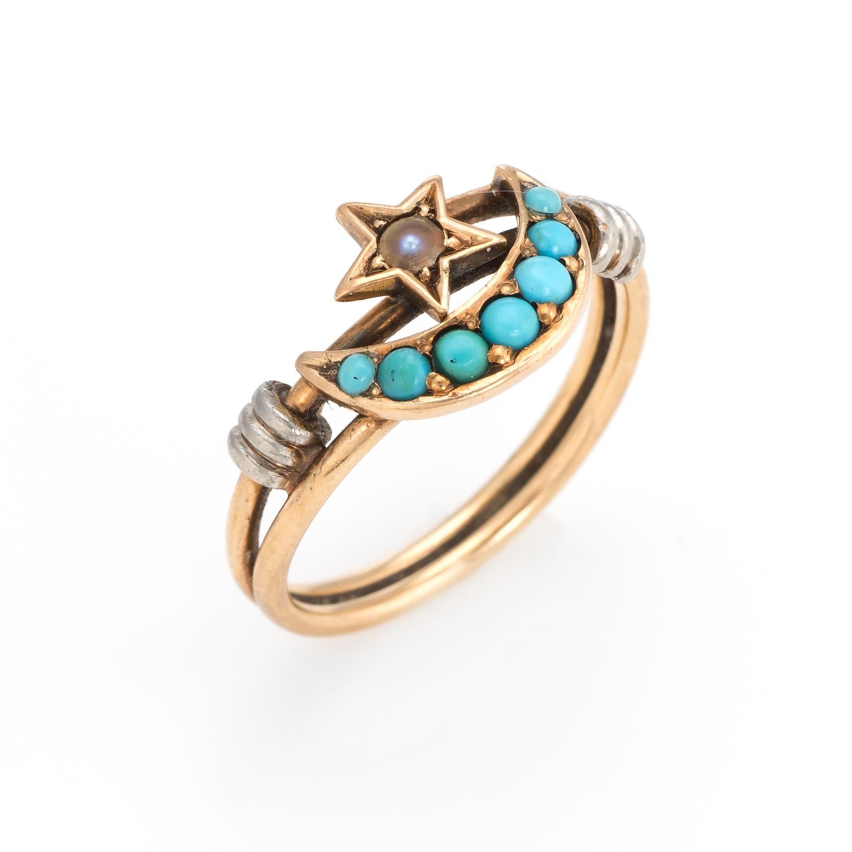 Finely detailed antique Victorian ring (circa 1880s to 1900s), crafted in 14 karat yellow gold. 

The crescent moon is set with turquoise that graduates in size from 1mm to 2mm. The seed pearl measures 1.5mm.

The crescent moon is a feminine symbol,