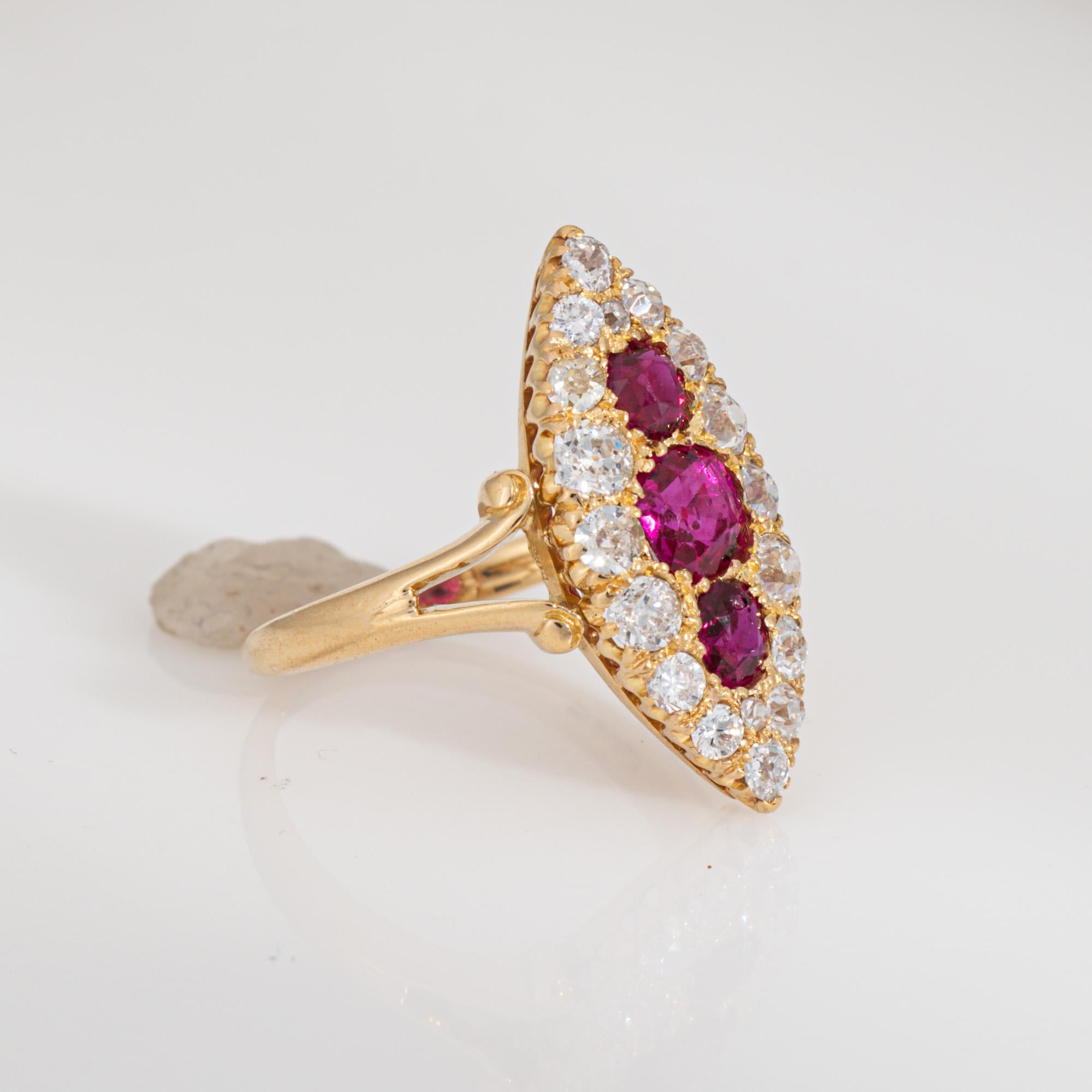 Cushion Cut Antique Victorian Ring Diamond Burma Ruby 18k Yellow Gold Navette Sz 6 Jewelry For Sale