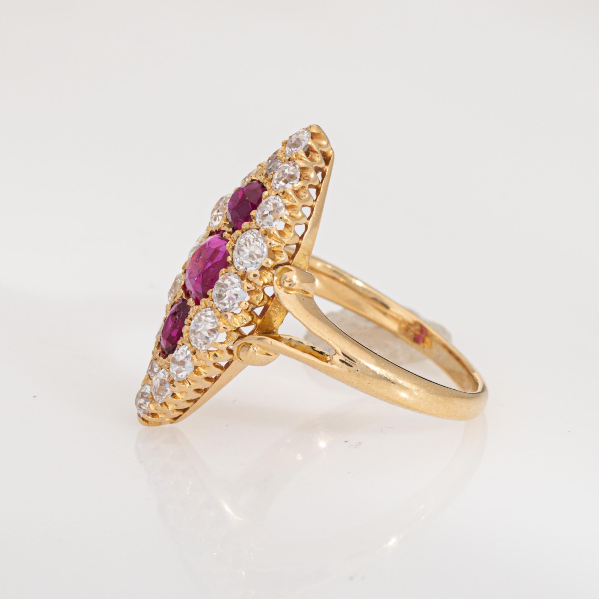 Antique Victorian Ring Diamond Burma Ruby 18k Yellow Gold Navette Sz 6 Jewelry In Good Condition For Sale In Torrance, CA