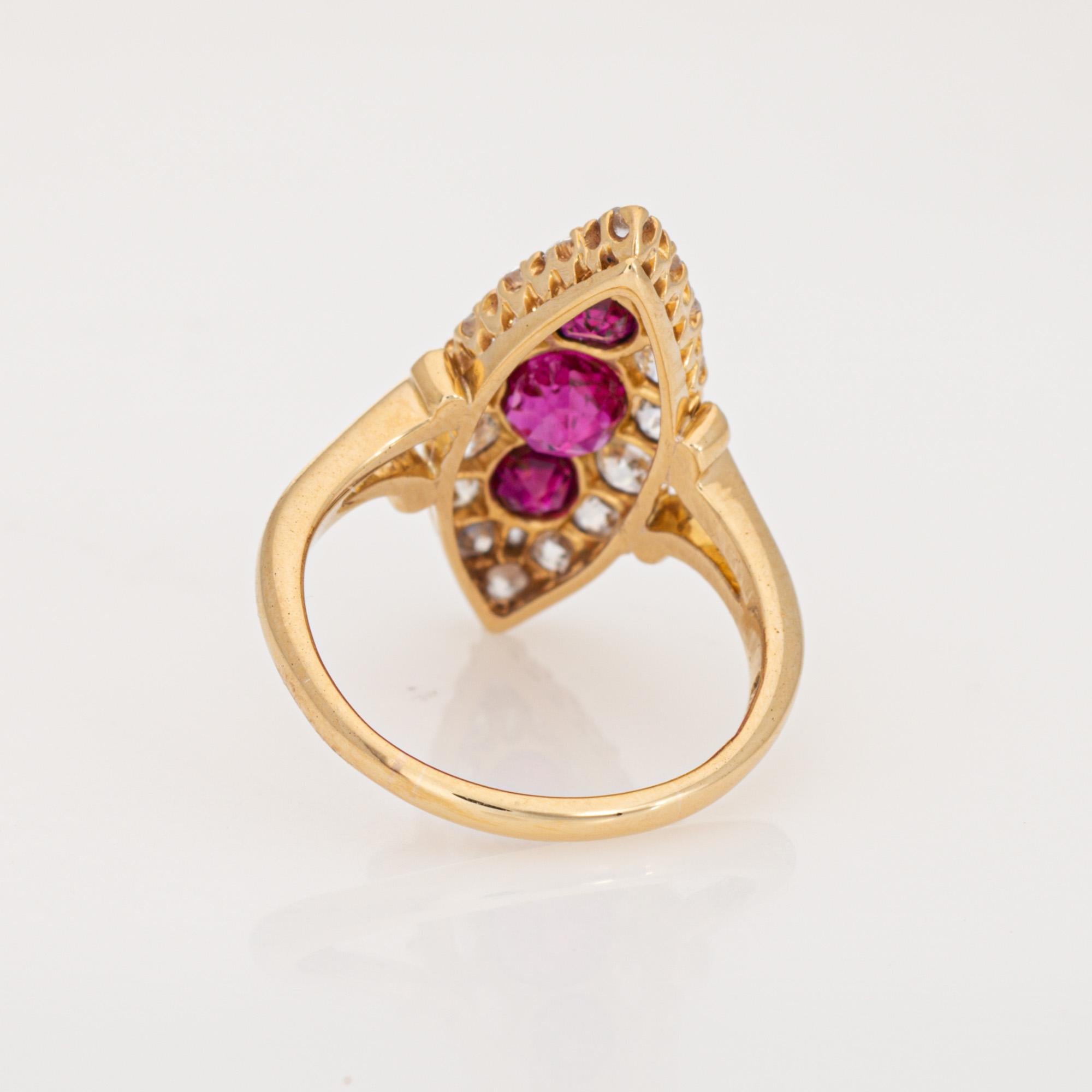 Women's Antique Victorian Ring Diamond Burma Ruby 18k Yellow Gold Navette Sz 6 Jewelry For Sale