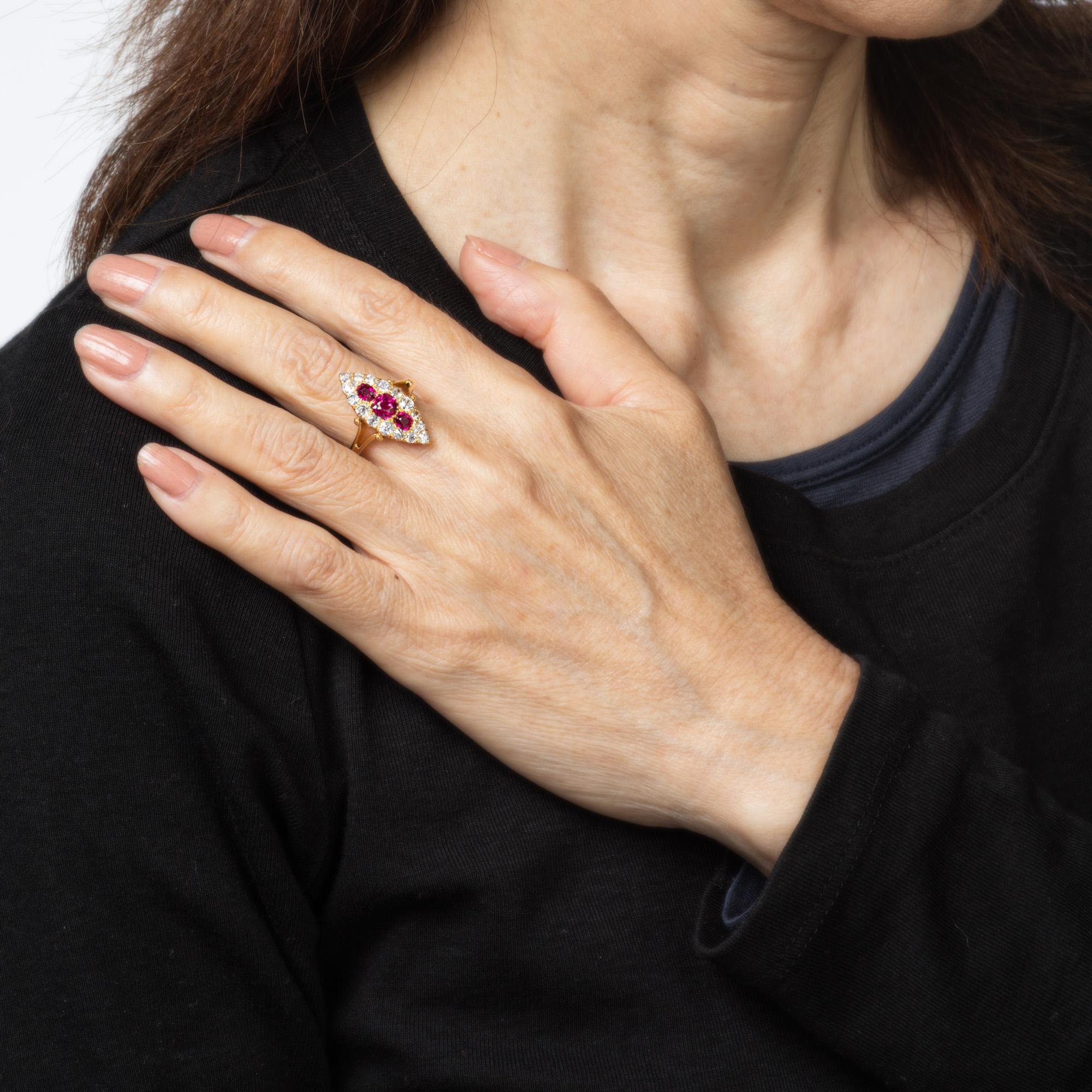 Antique Victorian Ring Diamond Burma Ruby 18k Yellow Gold Navette Sz 6 Jewelry For Sale 1