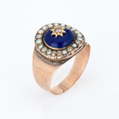 Antique Victorian Ring Diamond Pearl Blue Enamel 10k Rose Gold Signet Pinky 5