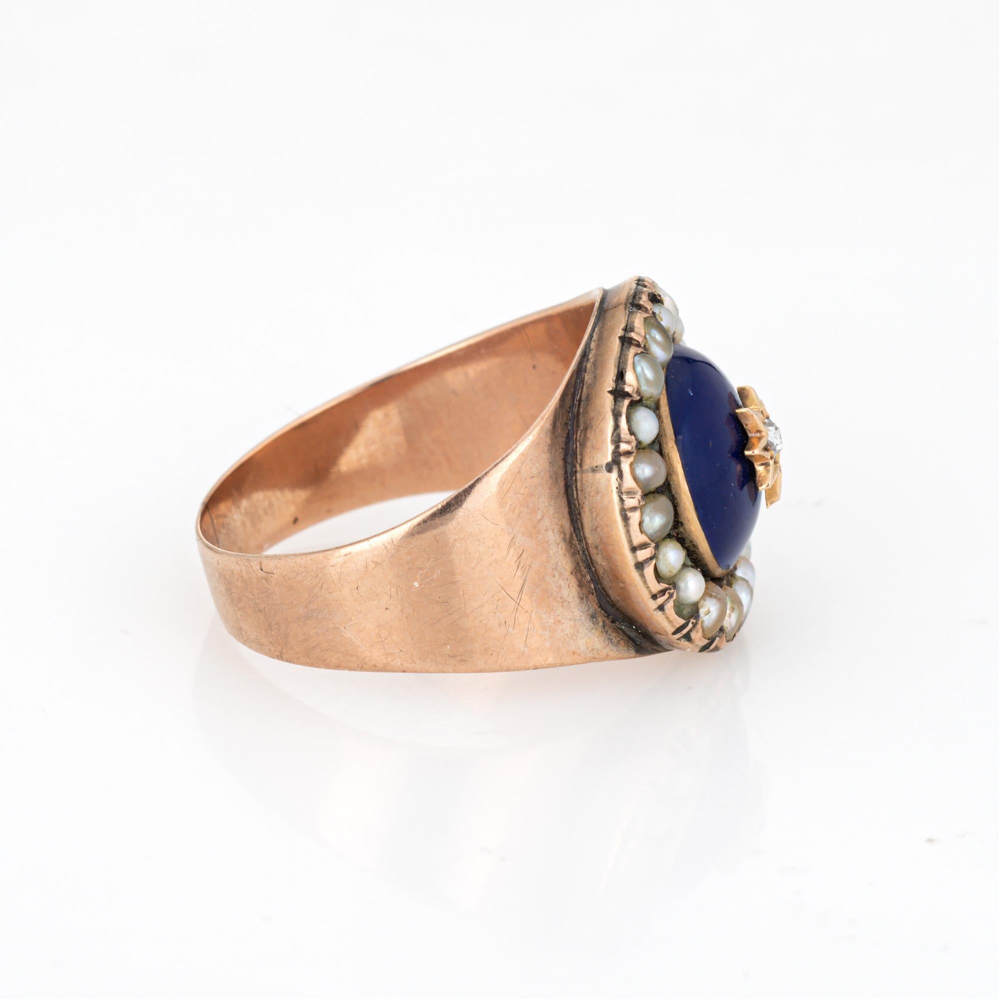 Round Cut Antique Victorian Ring Diamond Pearl Blue Enamel 10k Rose Gold Signet Pinky 5 For Sale
