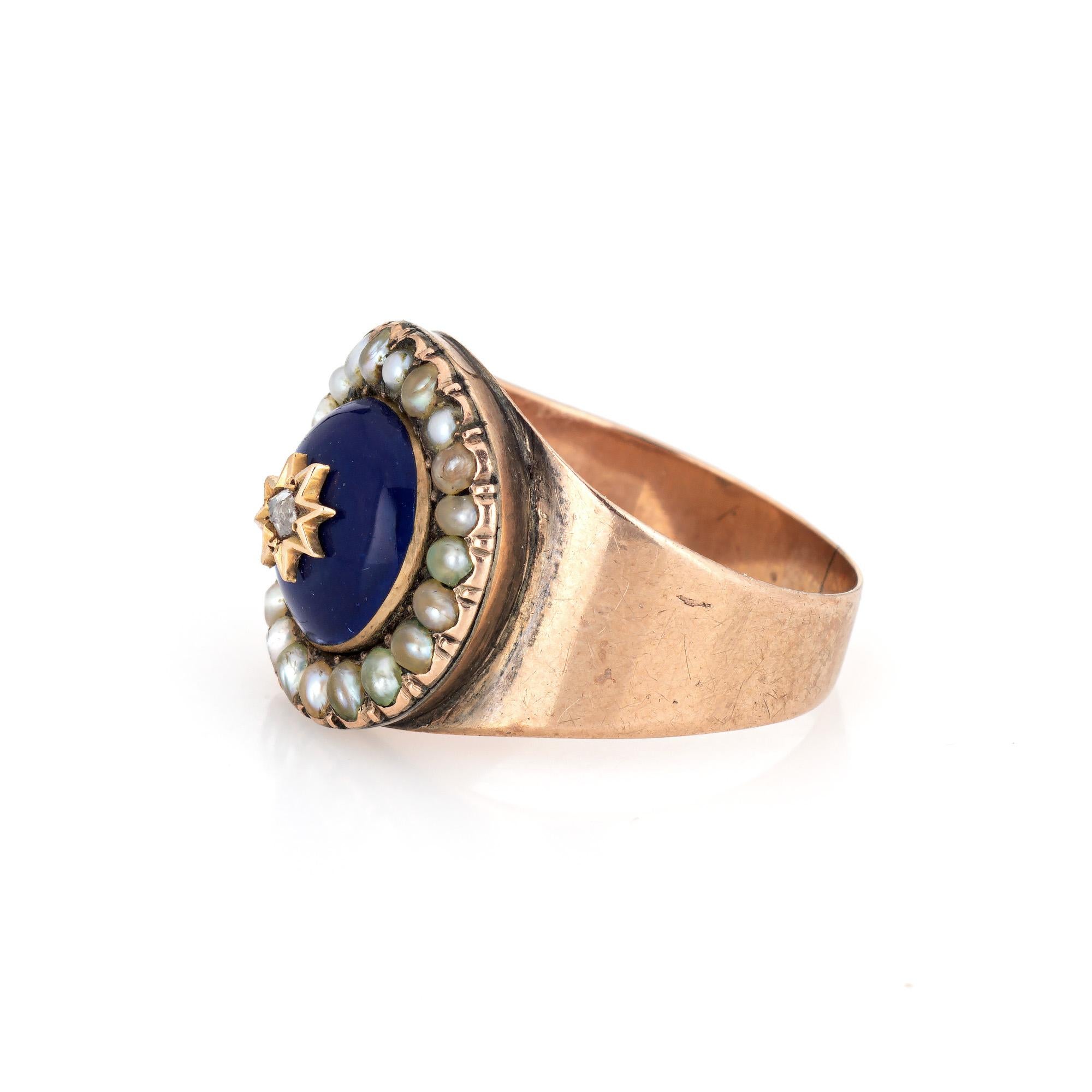 Antique Victorian Ring Diamond Pearl Blue Enamel 10k Rose Gold Signet Pinky 5 In Good Condition For Sale In Torrance, CA