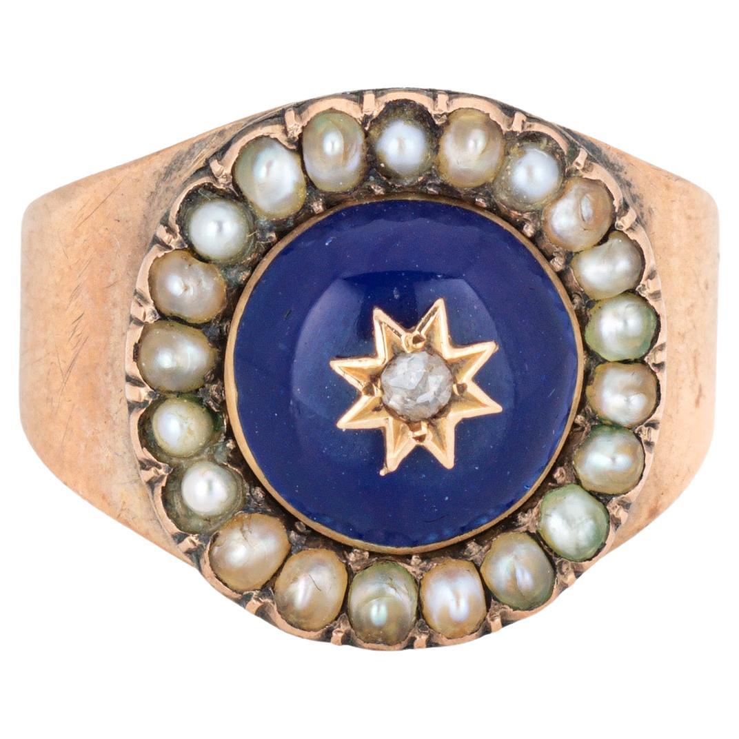 Antique Victorian Ring Diamond Pearl Blue Enamel 10k Rose Gold Signet Pinky 5 For Sale