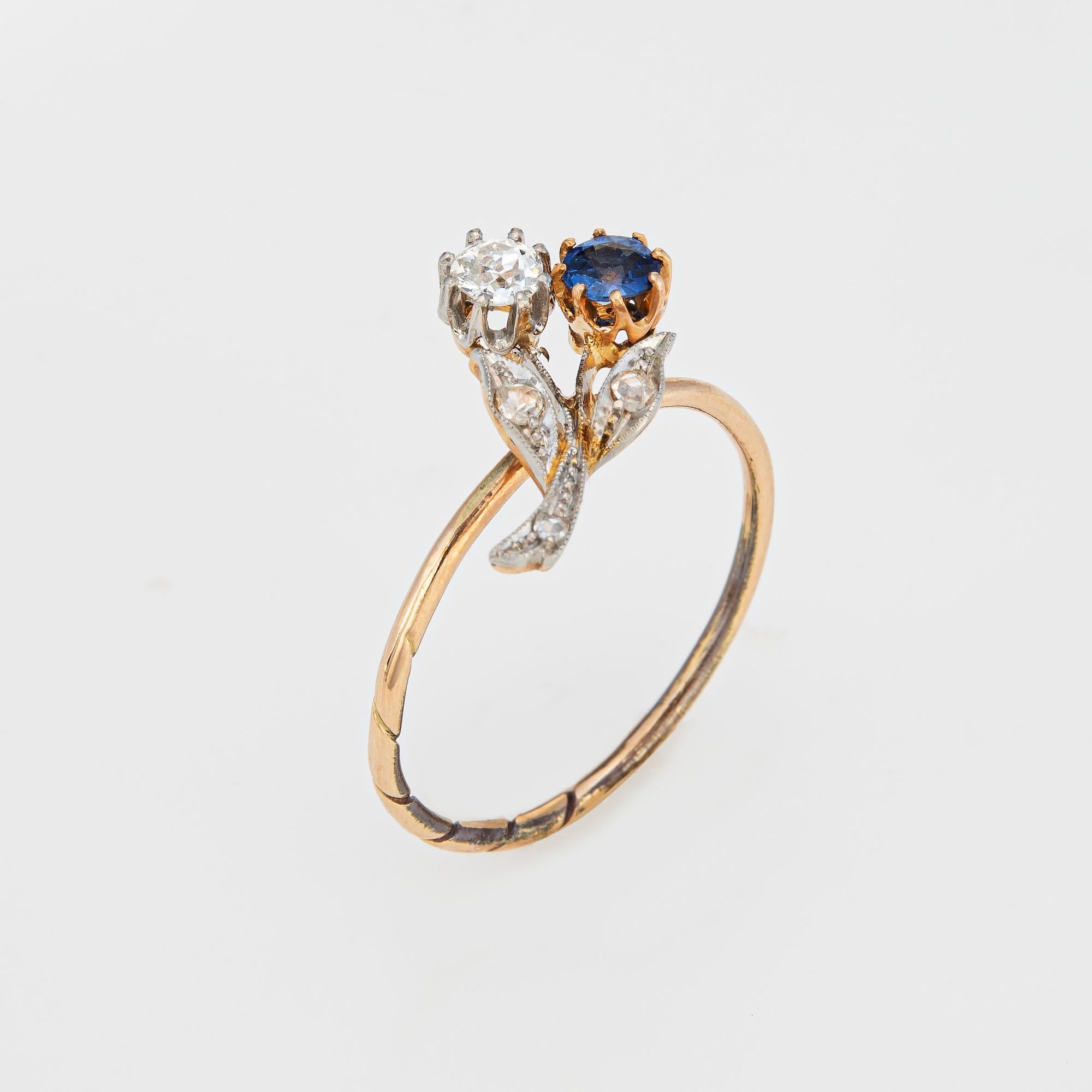Originally an antique Victorian era stick pin (circa 1880s to 1900s), the sapphire & diamond ring is crafted in 14 karat yellow gold.

The ring is mounted with the original stick pin. Our jeweler rounded the stick pin into a slim band for the