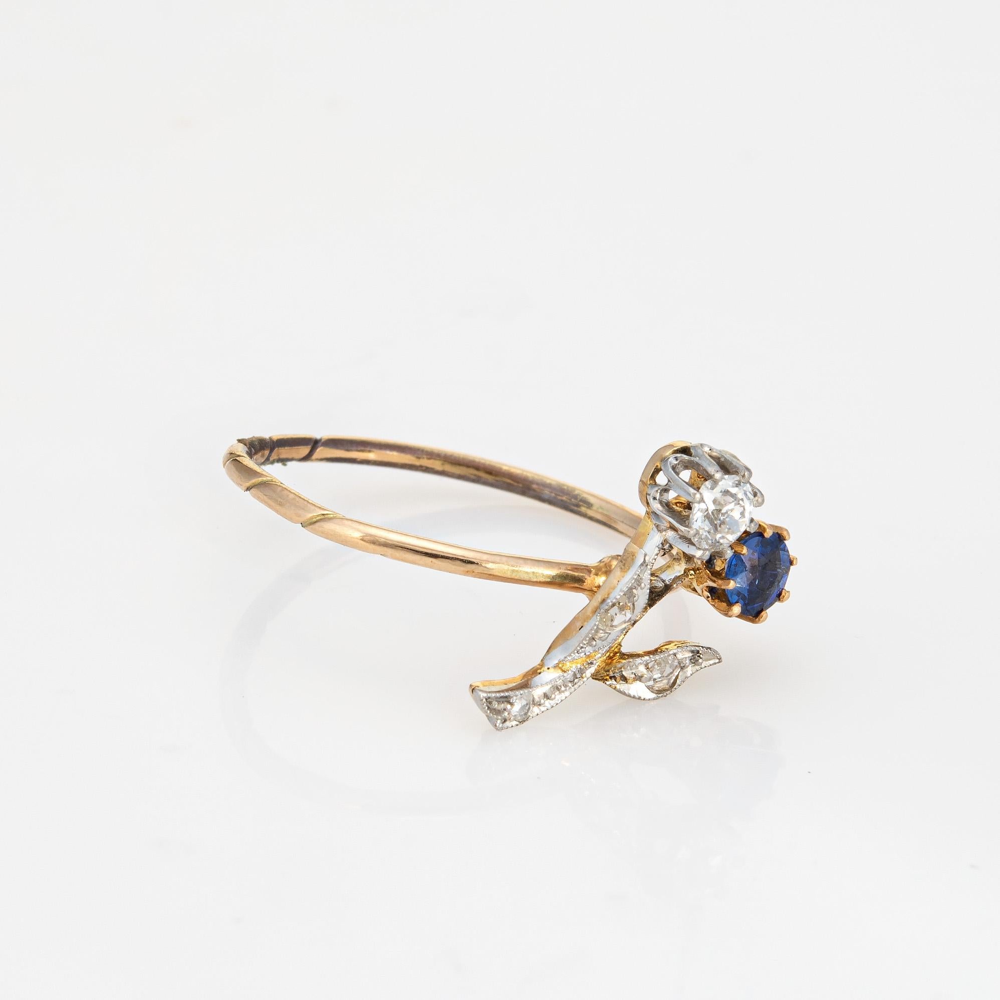 Old Mine Cut Antique Victorian Ring Flowers Diamond Sapphire Conversion Band 14k Yellow Gold