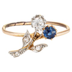 Antique Victorian Ring Flowers Diamond Sapphire Conversion Band 14k Yellow Gold