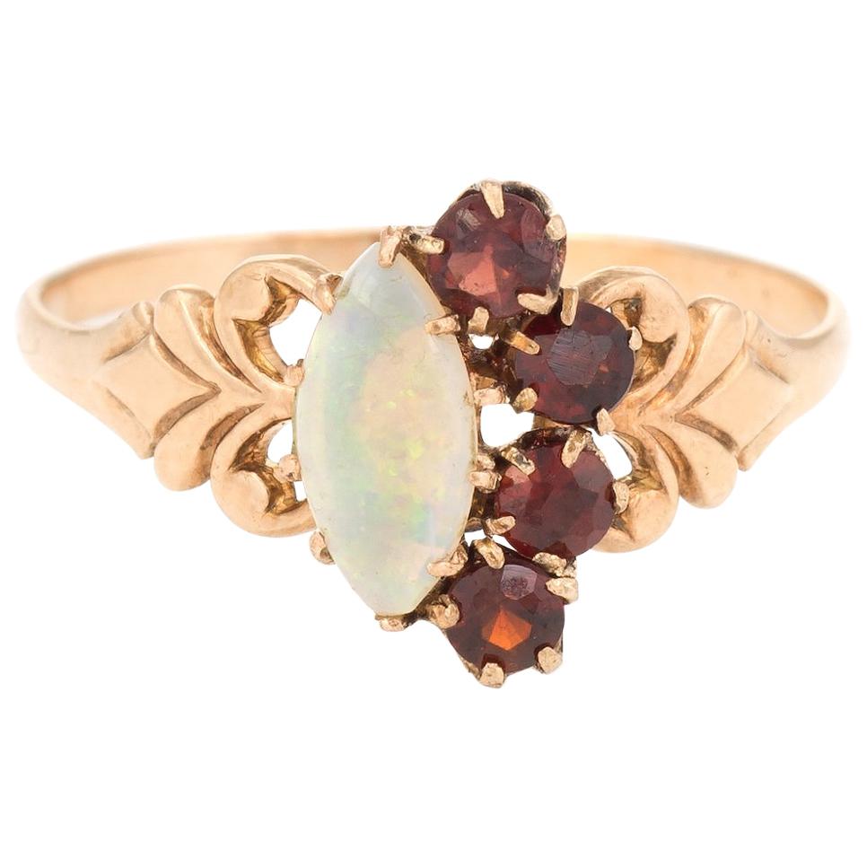 Antique Victorian Ring Garnet Opal 10 Karat Rose Gold Half Moon Vintage Jewelry