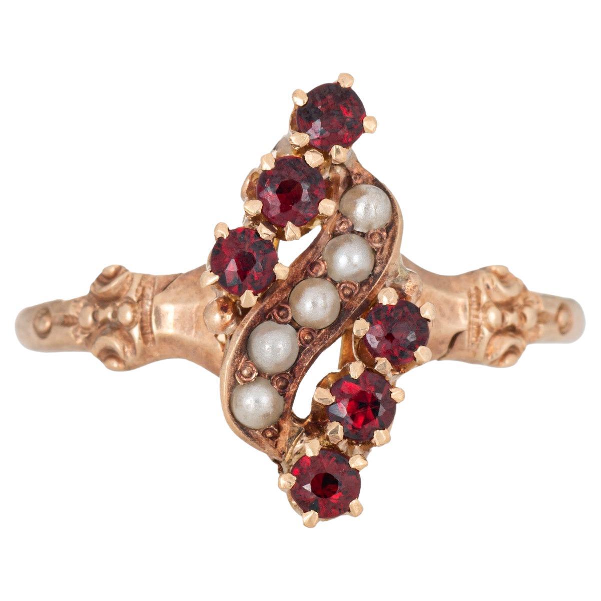 Antique Victorian Ring Garnet Seed Pearl 14k Rose Gold Sz 6.5 Fine Jewelry For Sale