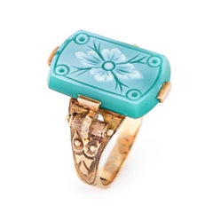 Antique Victorian Ring Green Hardstone Cameo Flower 10 Karat Gold Vintage 3.5