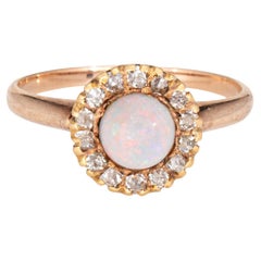 Antique Victorian Ring Opal Rose Cut Diamond Cluster 10k Yellow Gold Pinky Halo