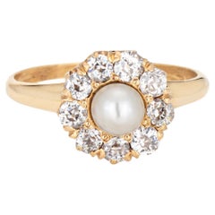 Antique Victorian Ring Pearl Mine Cut Diamond Cluster 14k Yellow Gold Halo