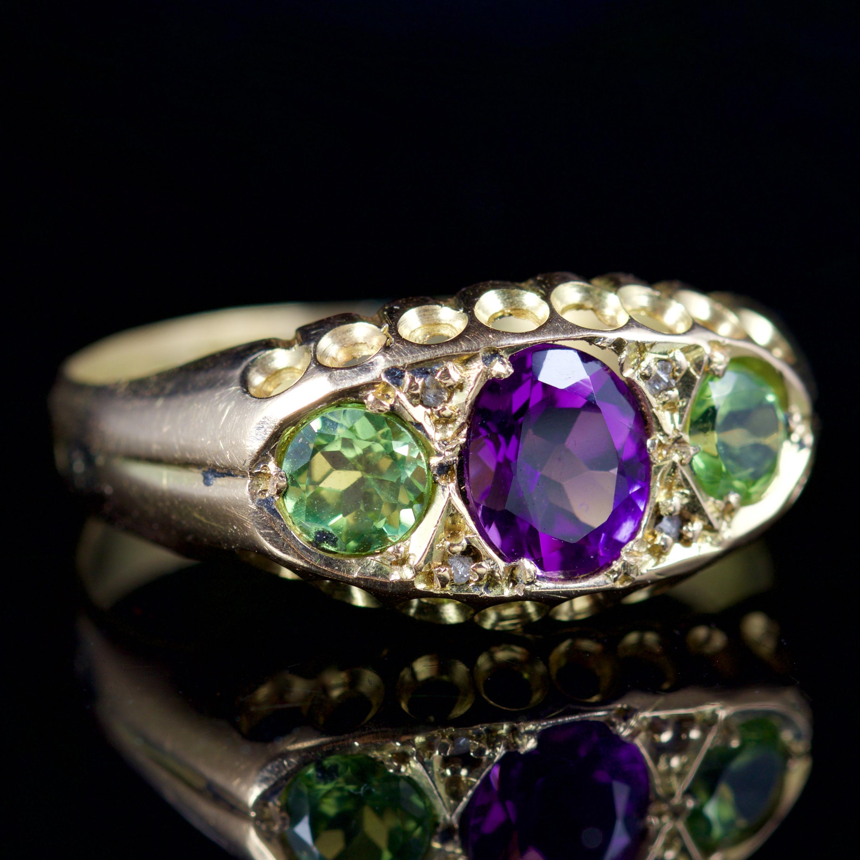 Antique Victorian Ring Suffragette Amethyst Peridot Diamond 18 Carat Dated 1912 In Excellent Condition In Lancaster, Lancashire
