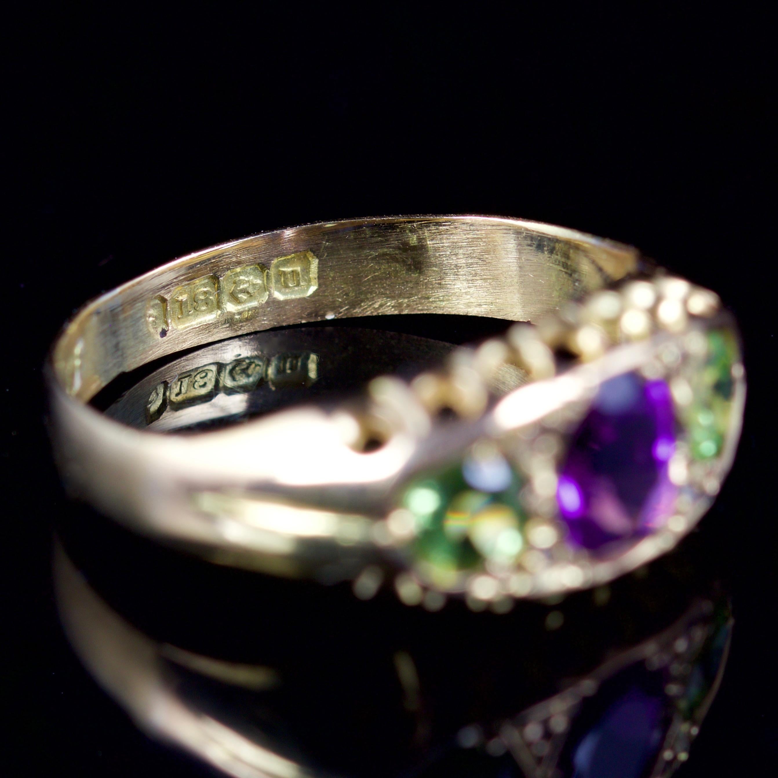 Women's Antique Victorian Ring Suffragette Amethyst Peridot Diamond 18 Carat Dated 1912