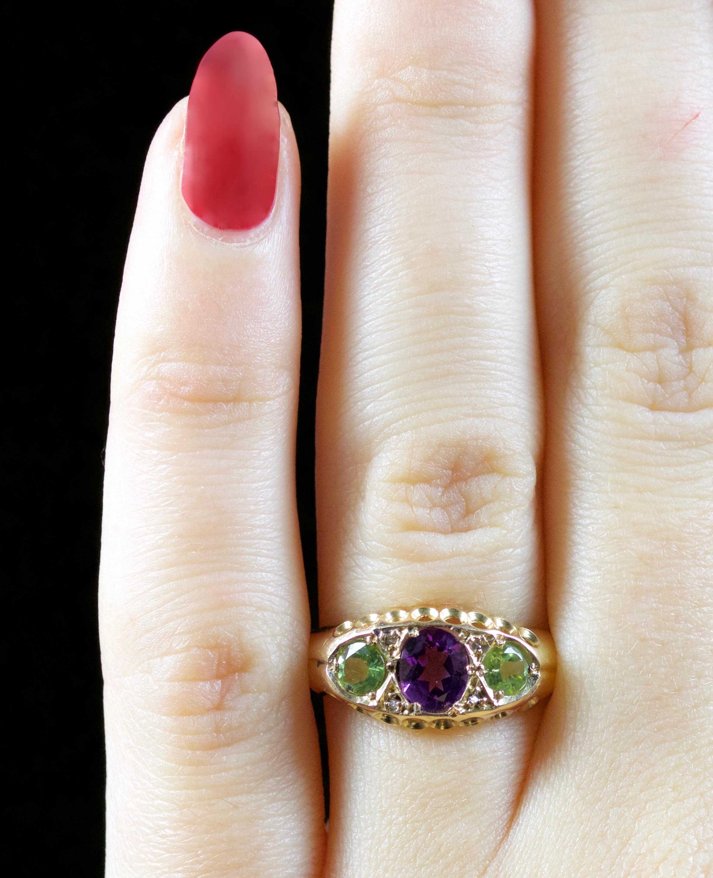 Antique Victorian Ring Suffragette Amethyst Peridot Diamond 18 Carat Dated 1912 1