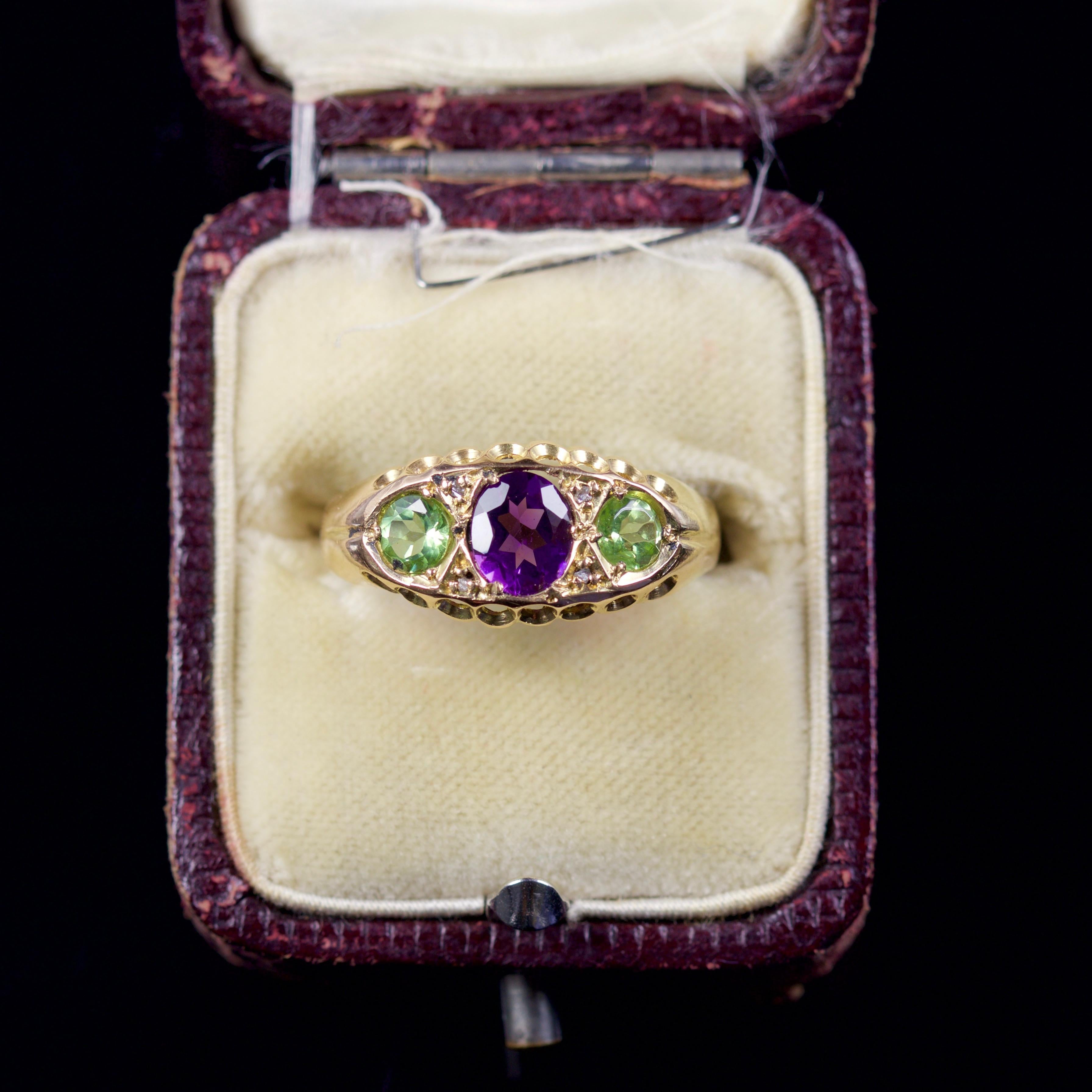 Antique Victorian Ring Suffragette Amethyst Peridot Diamond 18 Carat Dated 1912 2