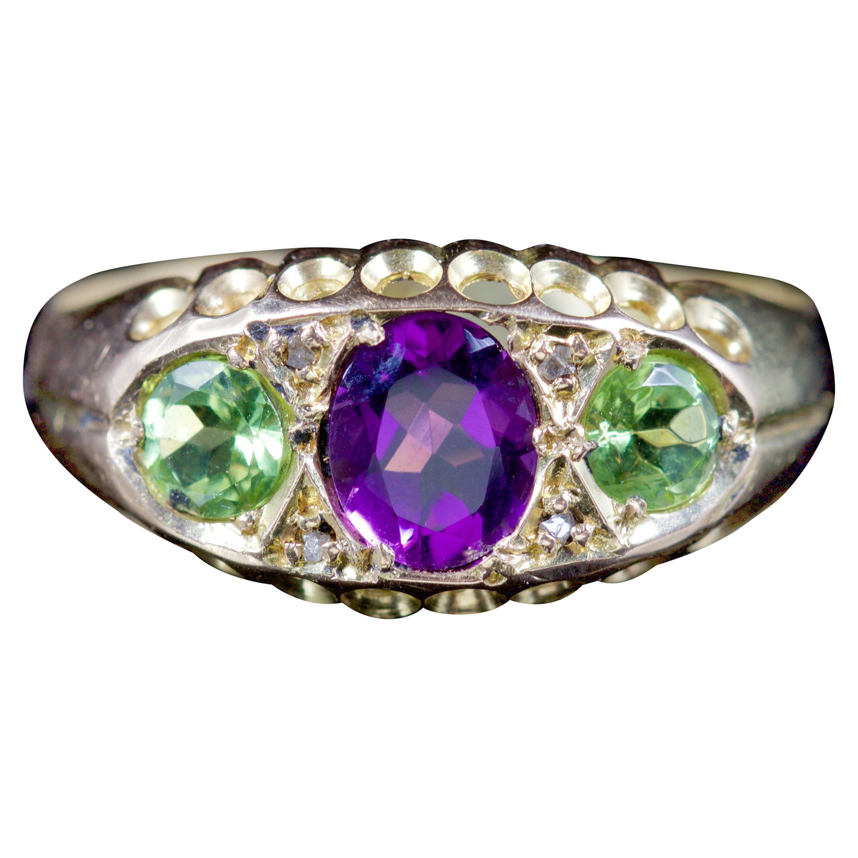 Antique Victorian Ring Suffragette Amethyst Peridot Diamond 18 Carat Dated 1912