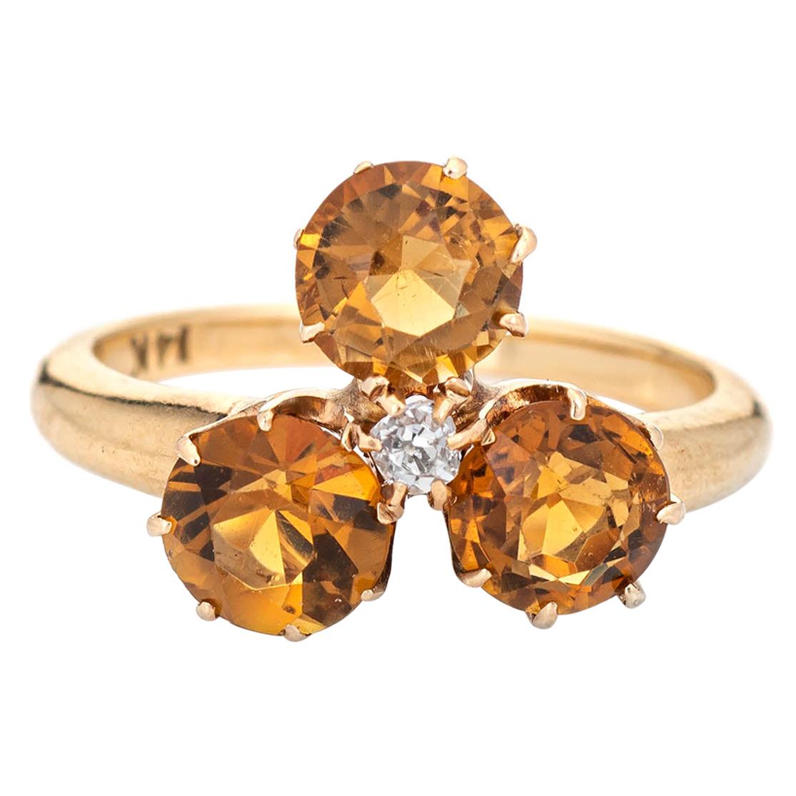 Antique Victorian Ring Trefoil Citrine Old Mine Cut Diamond Three Stone Jewelry For Sale
