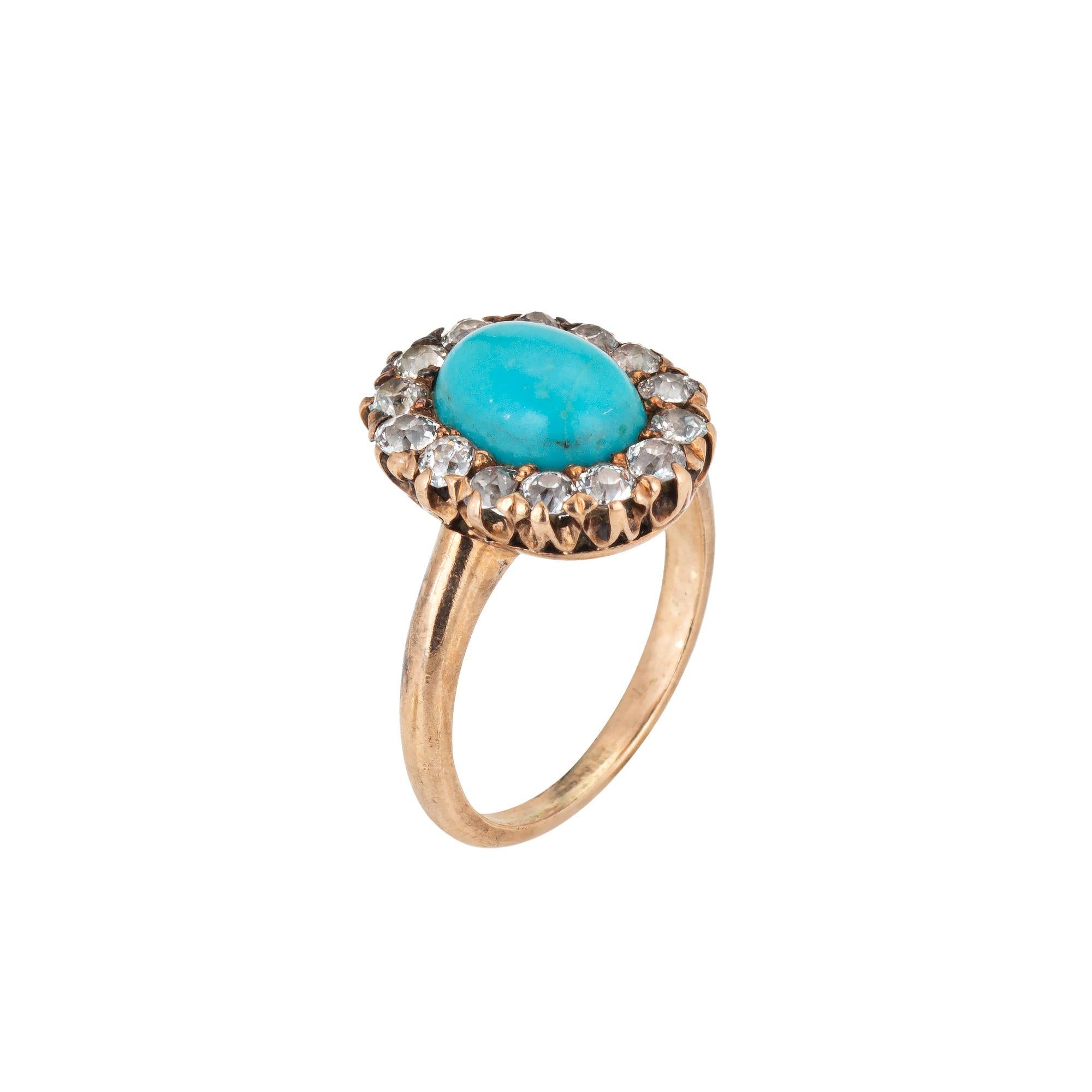Finely detailed antique Victorian era cluster ring (circa 1880s to 1900s) crafted in 14k yellow gold.

Turquoise cabochon measures 7mm x 5mm, accented with 14 estimated 0.03 carat old mine cut diamonds. The total diamond weight is estimated at 0.42